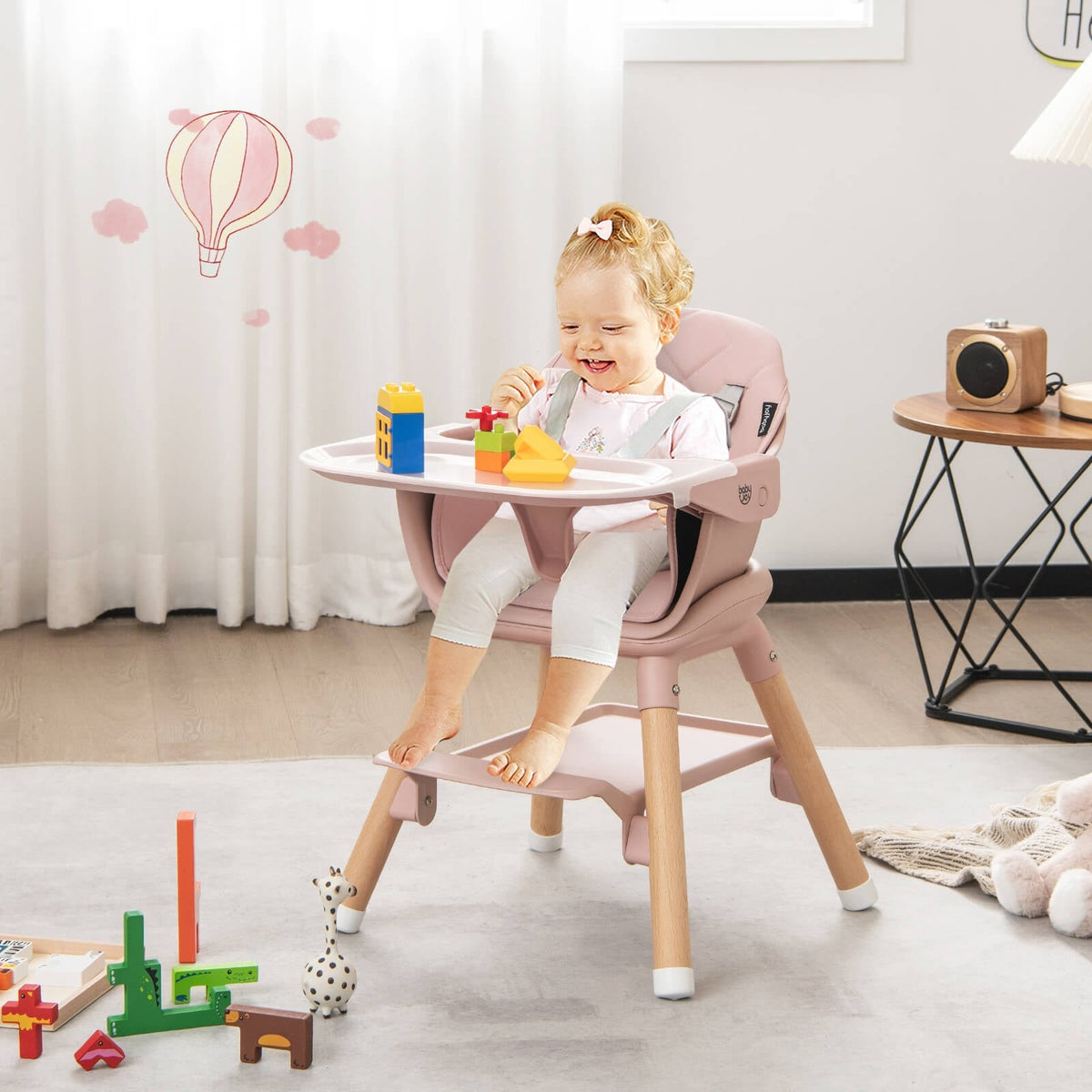 6 in 1 Convertible Highchair with Safety Harness and Removable Tray-Pink-High Chairs-DECOROLALA