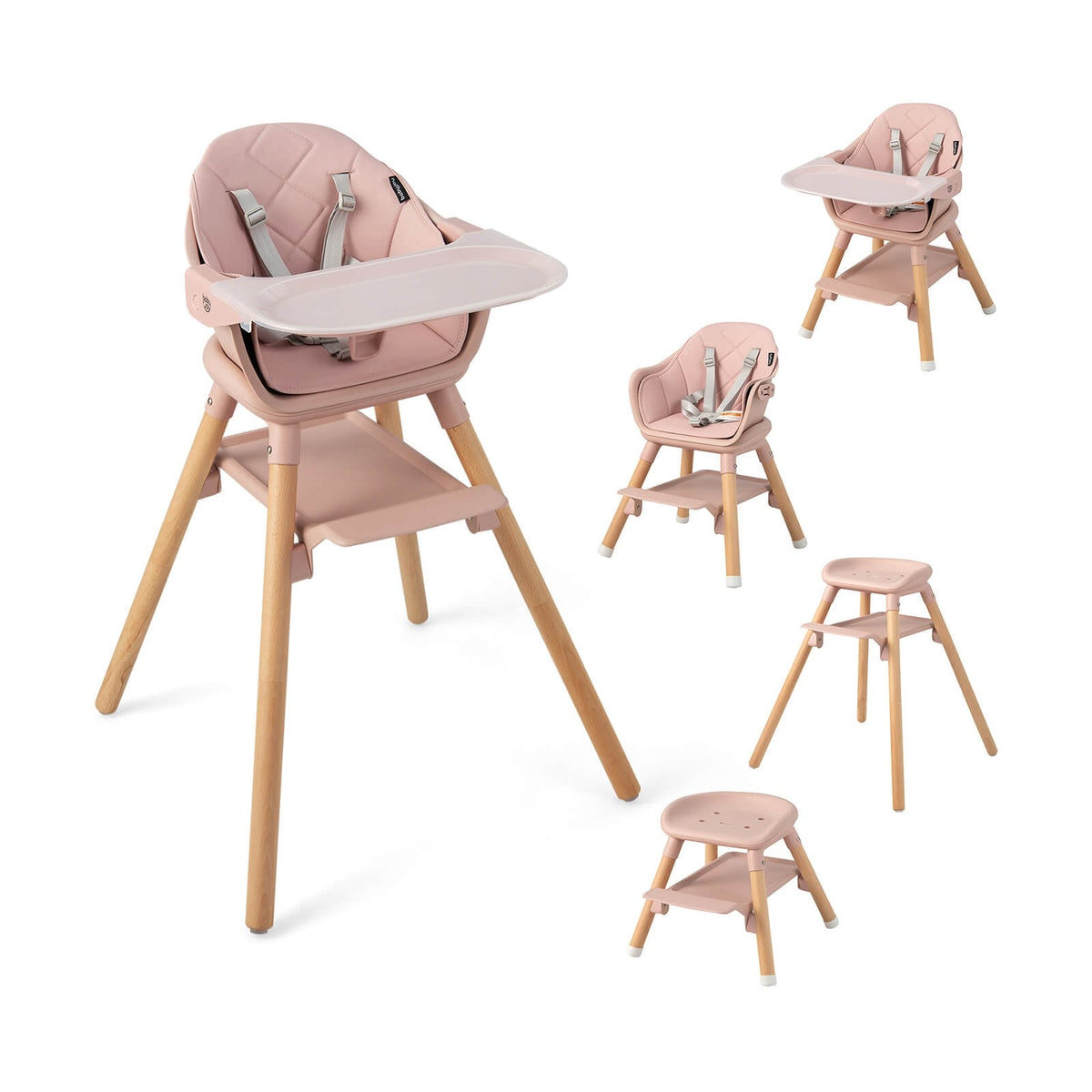6 in 1 Convertible Highchair with Safety Harness and Removable Tray-Pink-High Chairs-DECOROLALA