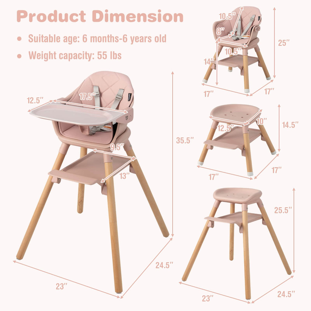 6 in 1 Convertible Highchair with Safety Harness and Removable Tray-Pink-High Chairs-DECOROLALA