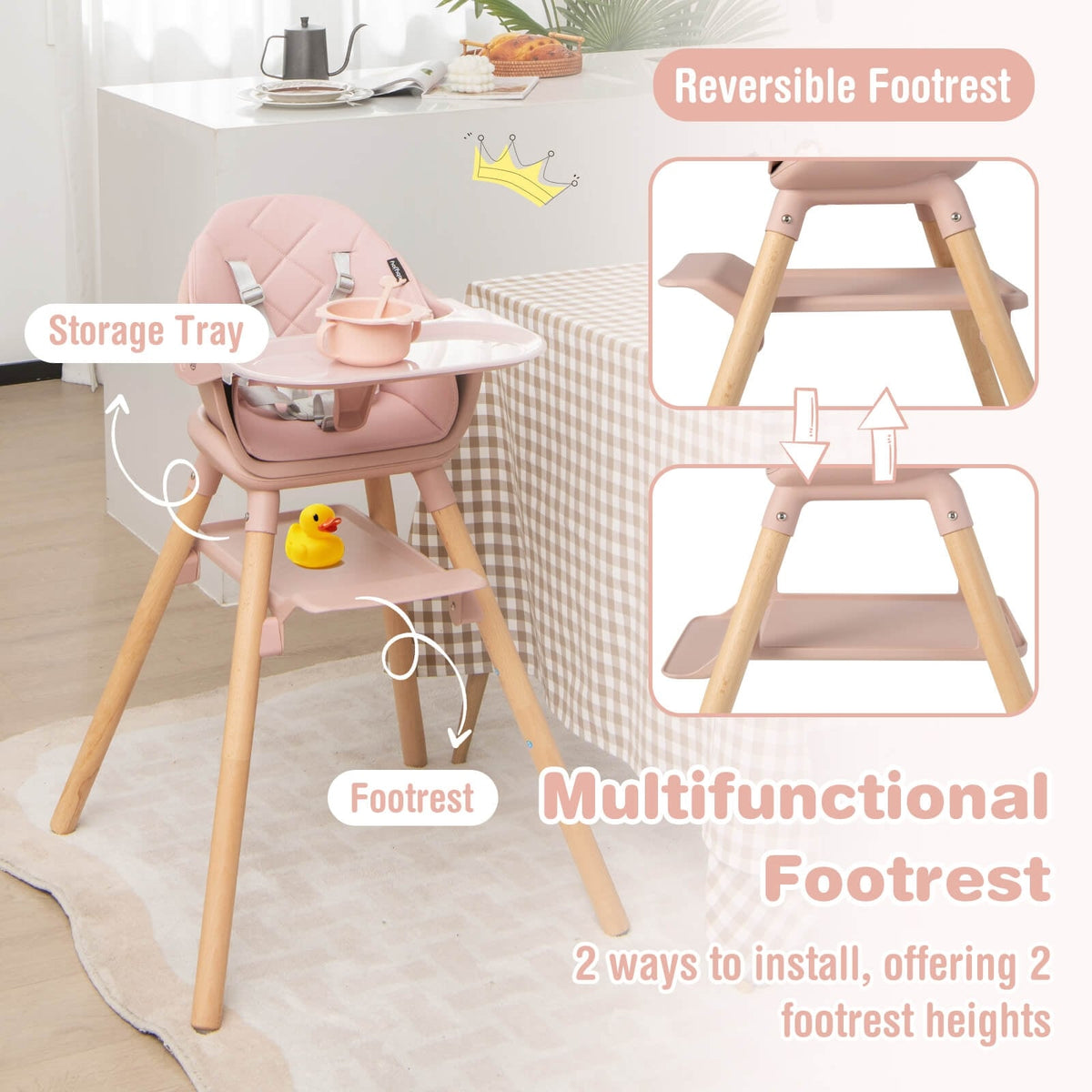 6 in 1 Convertible Highchair with Safety Harness and Removable Tray-Pink-High Chairs-DECOROLALA