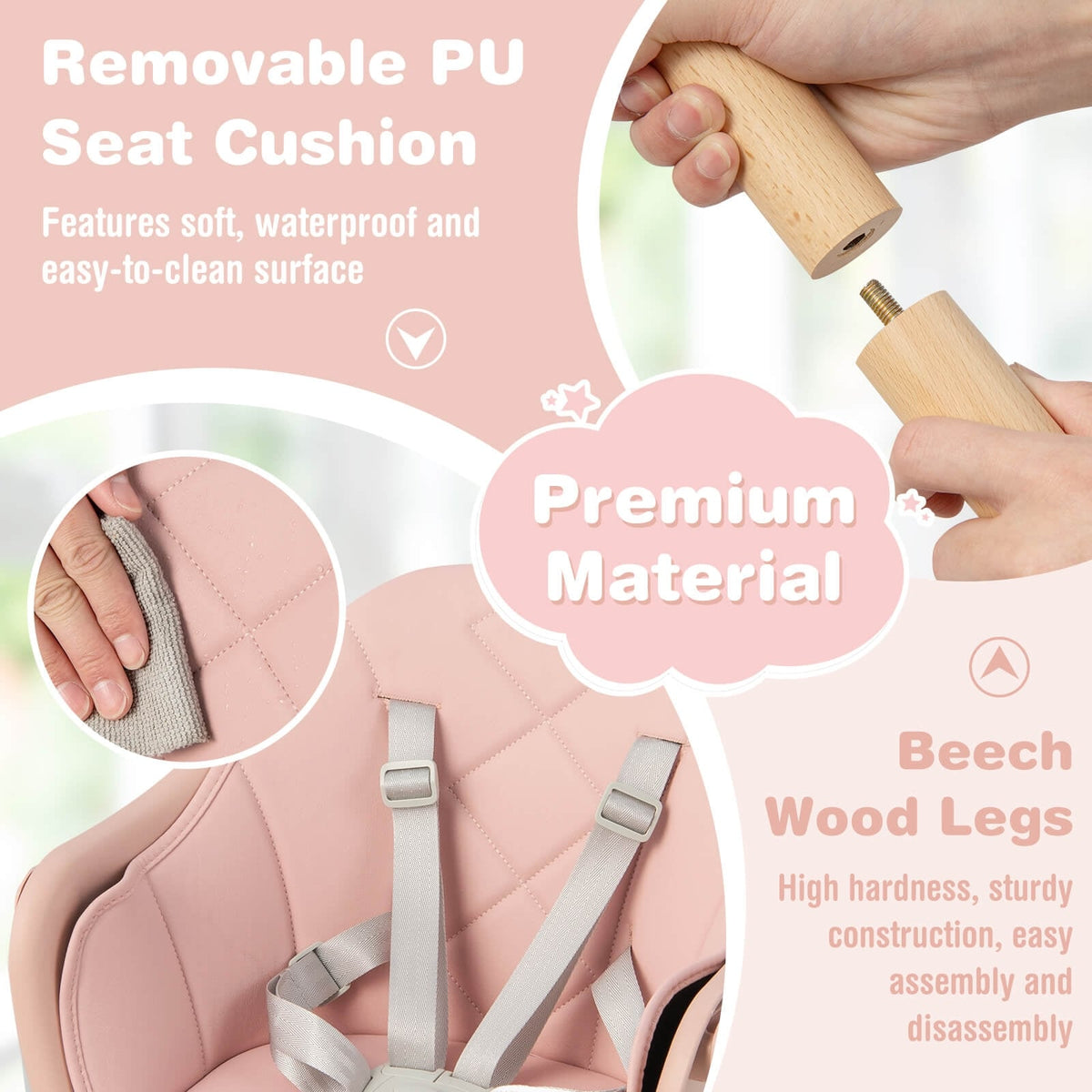 6 in 1 Convertible Highchair with Safety Harness and Removable Tray-Pink-High Chairs-DECOROLALA