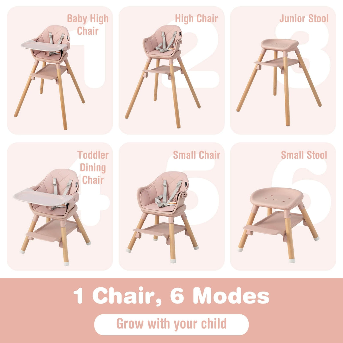 6 in 1 Convertible Highchair with Safety Harness and Removable Tray-Pink-High Chairs-DECOROLALA