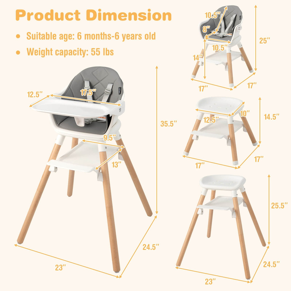 6 in 1 Convertible Highchair with Safety Harness and Removable Tray-White-High Chairs-DECOROLALA