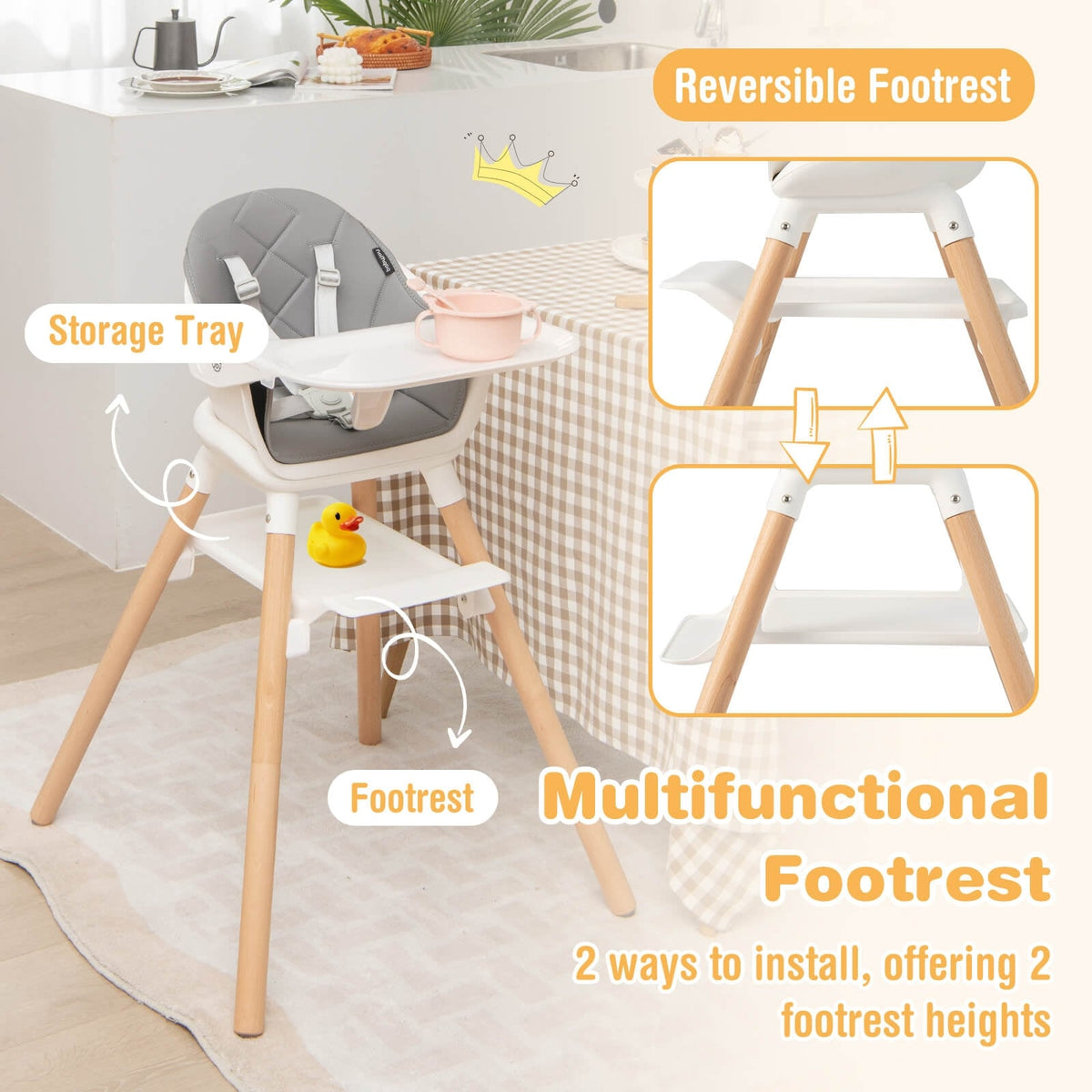 6 in 1 Convertible Highchair with Safety Harness and Removable Tray-White-High Chairs-DECOROLALA