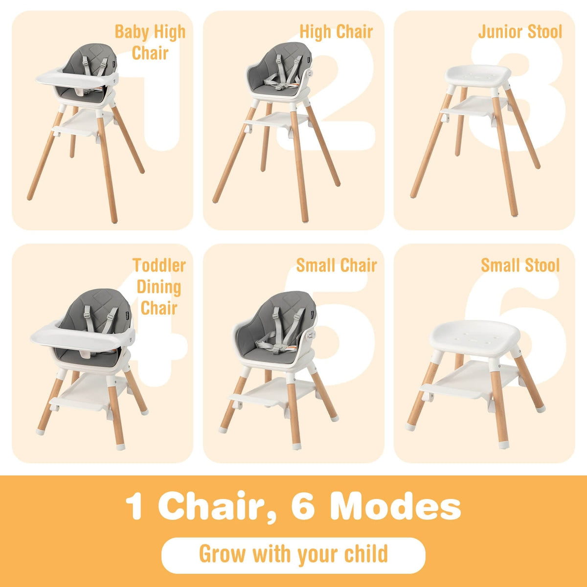6 in 1 Convertible Highchair with Safety Harness and Removable Tray-White-High Chairs-DECOROLALA