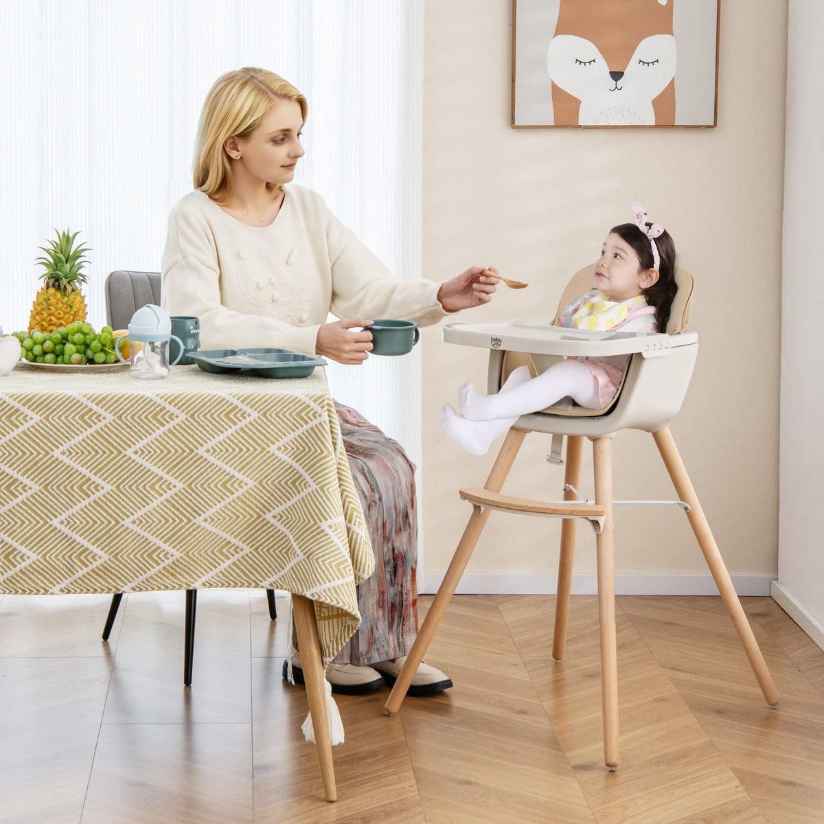 6-in-1 Convertible Wooden Highchair with Safety Harness and Adjustable Legs-Light Brown-High Chairs-DECOROLALA