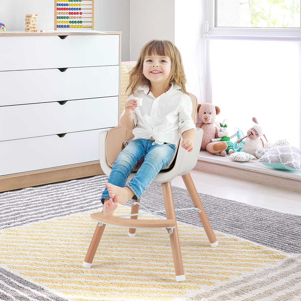 6-in-1 Convertible Wooden Highchair with Safety Harness and Adjustable Legs-Light Brown-High Chairs-DECOROLALA