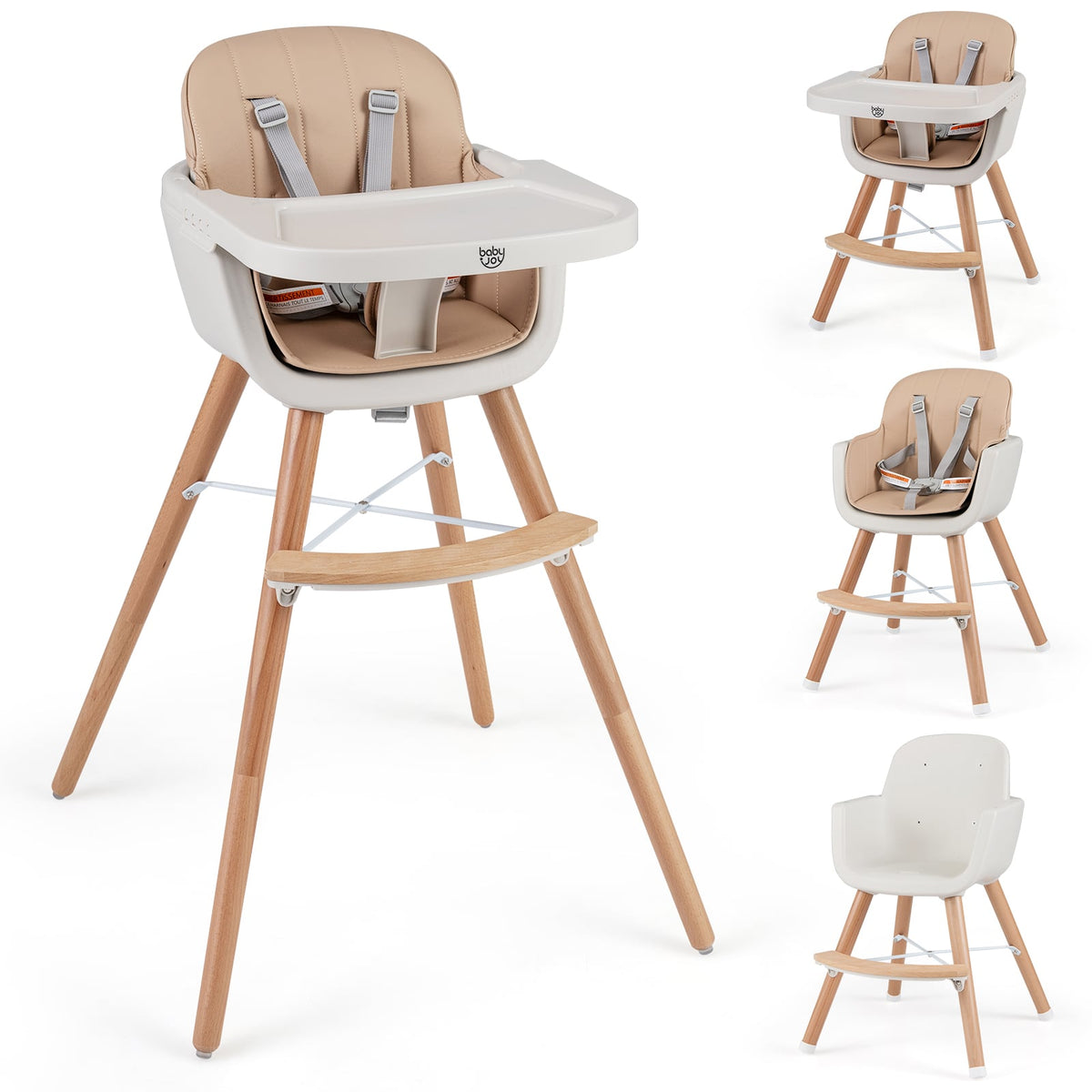 6-in-1 Convertible Wooden Highchair with Safety Harness and Adjustable Legs-Light Brown-High Chairs-DECOROLALA