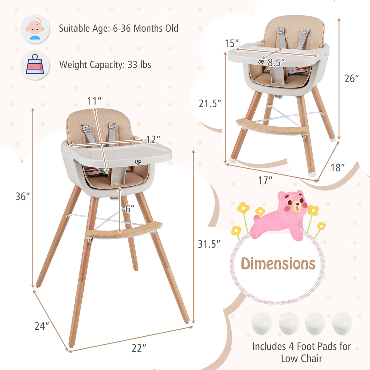 6-in-1 Convertible Wooden Highchair with Safety Harness and Adjustable Legs-Light Brown-High Chairs-DECOROLALA