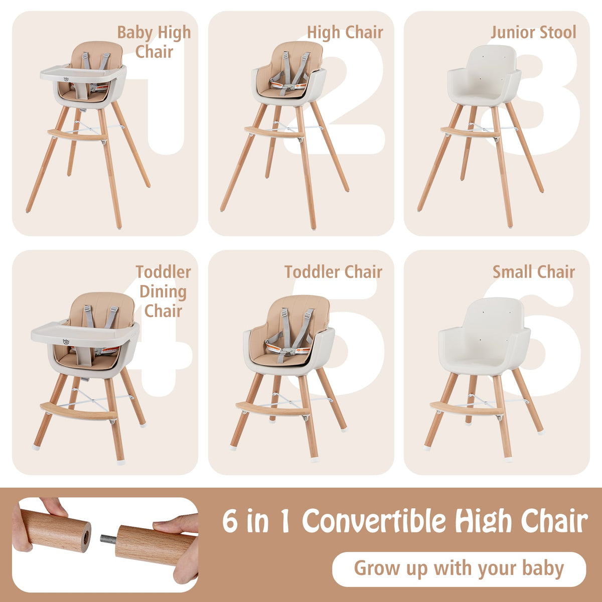 6-in-1 Convertible Wooden Highchair with Safety Harness and Adjustable Legs-Light Brown-High Chairs-DECOROLALA