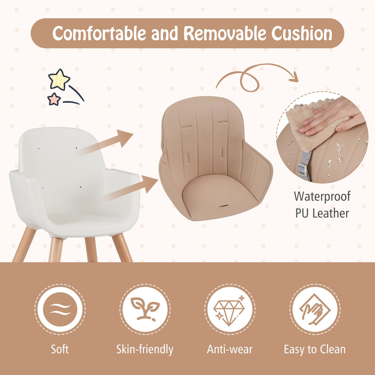 6-in-1 Convertible Wooden Highchair with Safety Harness and Adjustable Legs-Light Brown-High Chairs-DECOROLALA