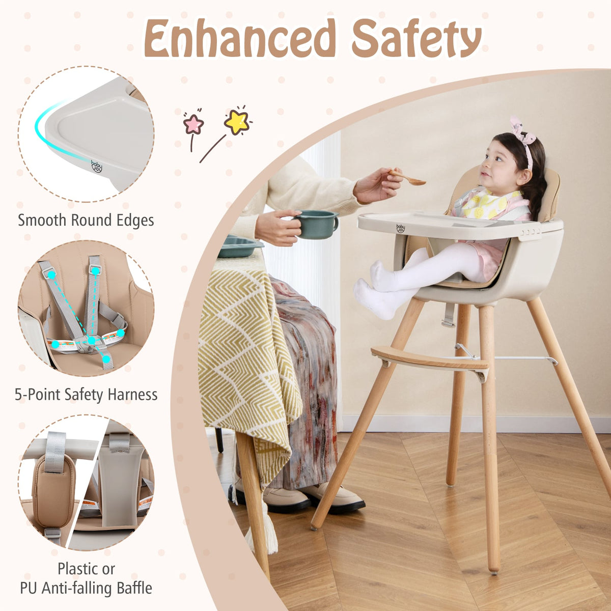 6-in-1 Convertible Wooden Highchair with Safety Harness and Adjustable Legs-Light Brown-High Chairs-DECOROLALA
