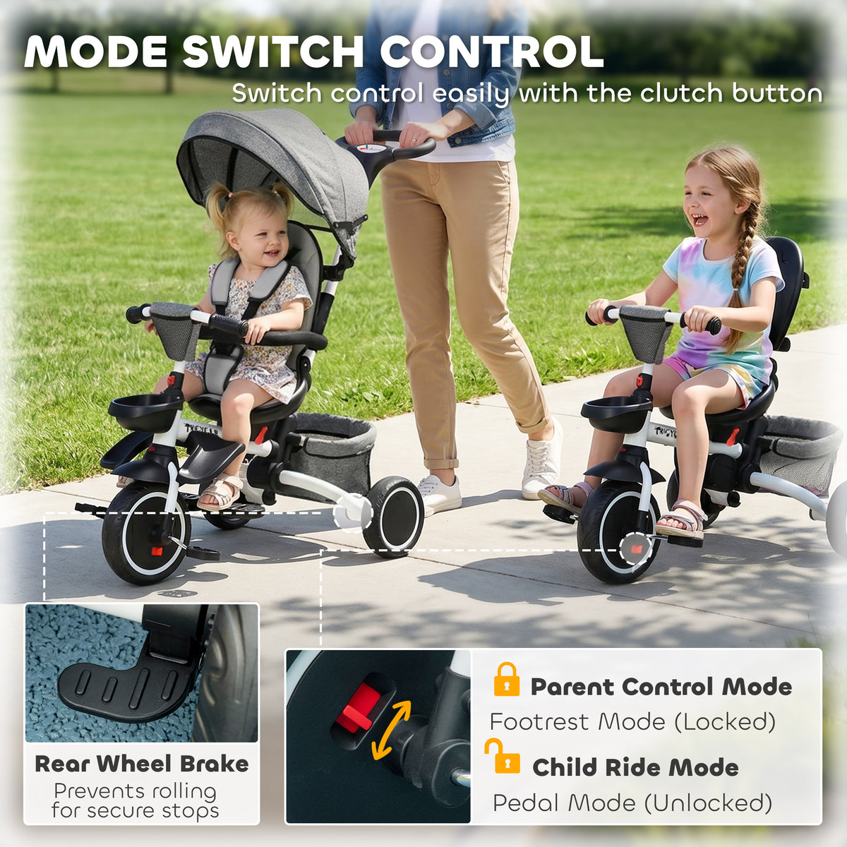 Tricycle for Toddler 6-in-1 Kids Trike, Foldable Converts Stroller to Baby Push Bike, Adjustable Backrest with Detachable Guardrail & Handle, Brake for 1-4 Years Old-Toys & Games > Baby & Toddler Toys > Riding & Rocking Toys > Tricycles for Kids-DECOROLALA
