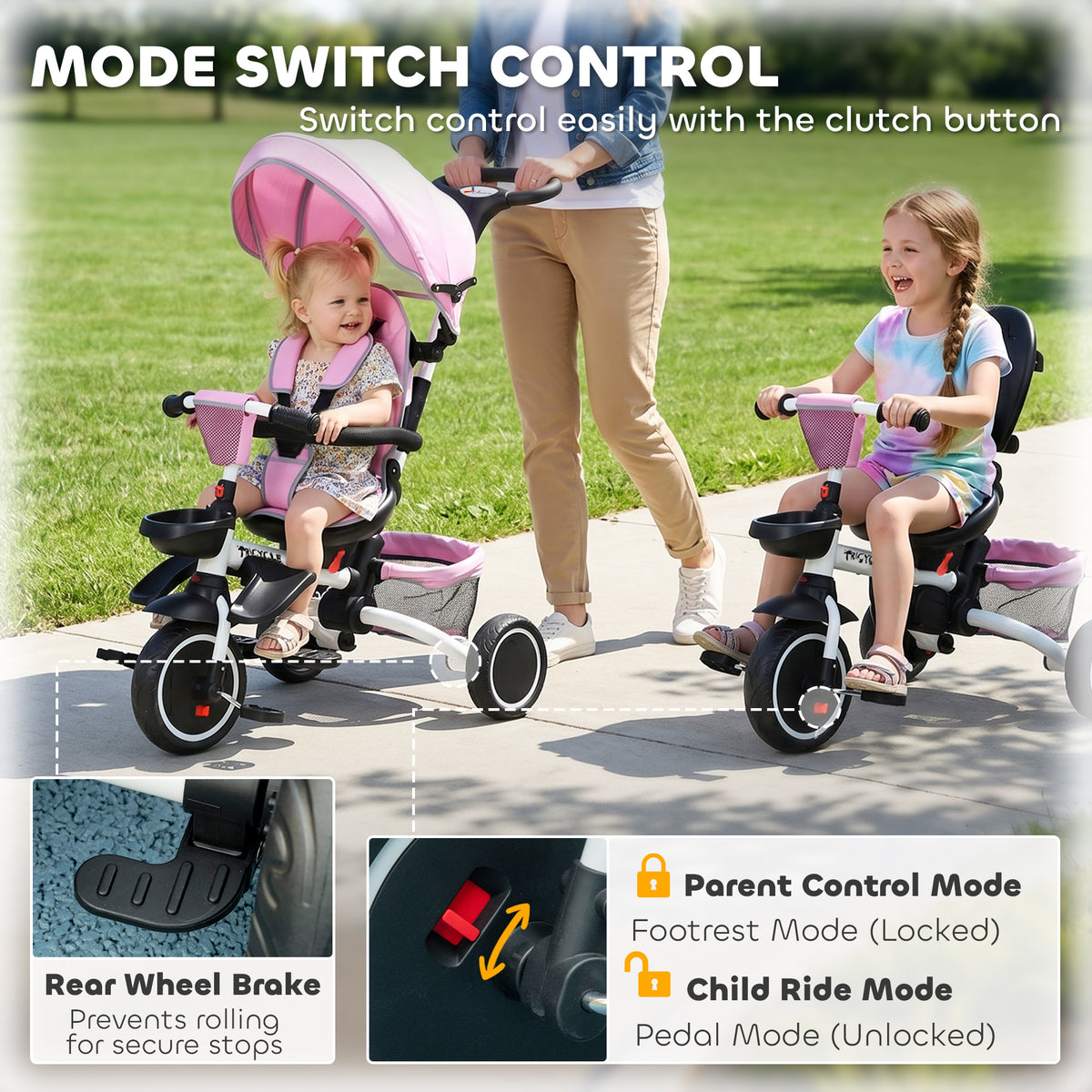 Tricycle for Toddler 6-in-1 Kids Trike, Foldable Converts Stroller to Baby Push Bike, Adjustable Backrest with Detachable Guardrail & Handle, Brake for 1-4 Years Old-Toys & Games > Baby & Toddler Toys > Riding & Rocking Toys > Tricycles for Kids-DECOROLALA