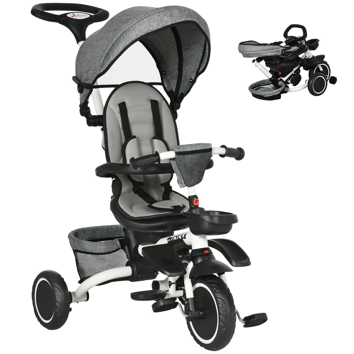 Tricycle for Toddler 6-in-1 Kids Trike, Foldable Converts Stroller to Baby Push Bike, Adjustable Backrest with Detachable Guardrail & Handle, Brake for 1-4 Years Old-Toys & Games > Baby & Toddler Toys > Riding & Rocking Toys > Tricycles for Kids-DECOROLALA