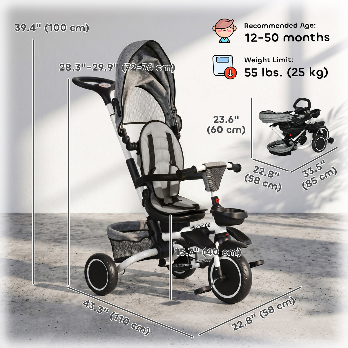 Tricycle for Toddler 6-in-1 Kids Trike, Foldable Converts Stroller to Baby Push Bike, Adjustable Backrest with Detachable Guardrail & Handle, Brake for 1-4 Years Old-Toys & Games > Baby & Toddler Toys > Riding & Rocking Toys > Tricycles for Kids-DECOROLALA