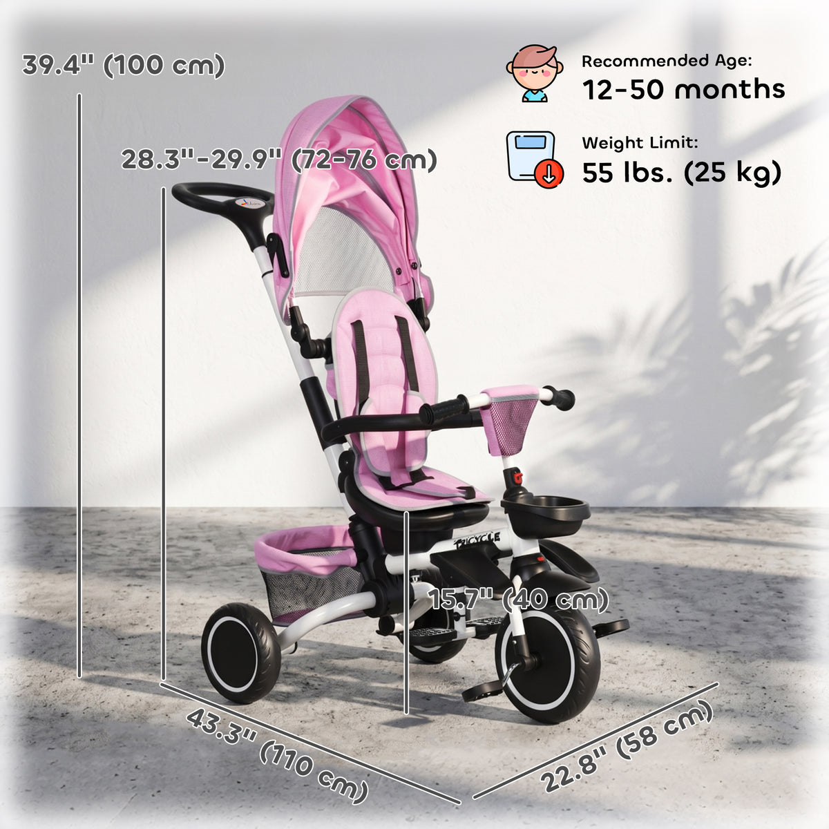 Tricycle for Toddler 6-in-1 Kids Trike, Foldable Converts Stroller to Baby Push Bike, Adjustable Backrest with Detachable Guardrail & Handle, Brake for 1-4 Years Old-Toys & Games > Baby & Toddler Toys > Riding & Rocking Toys > Tricycles for Kids-DECOROLALA
