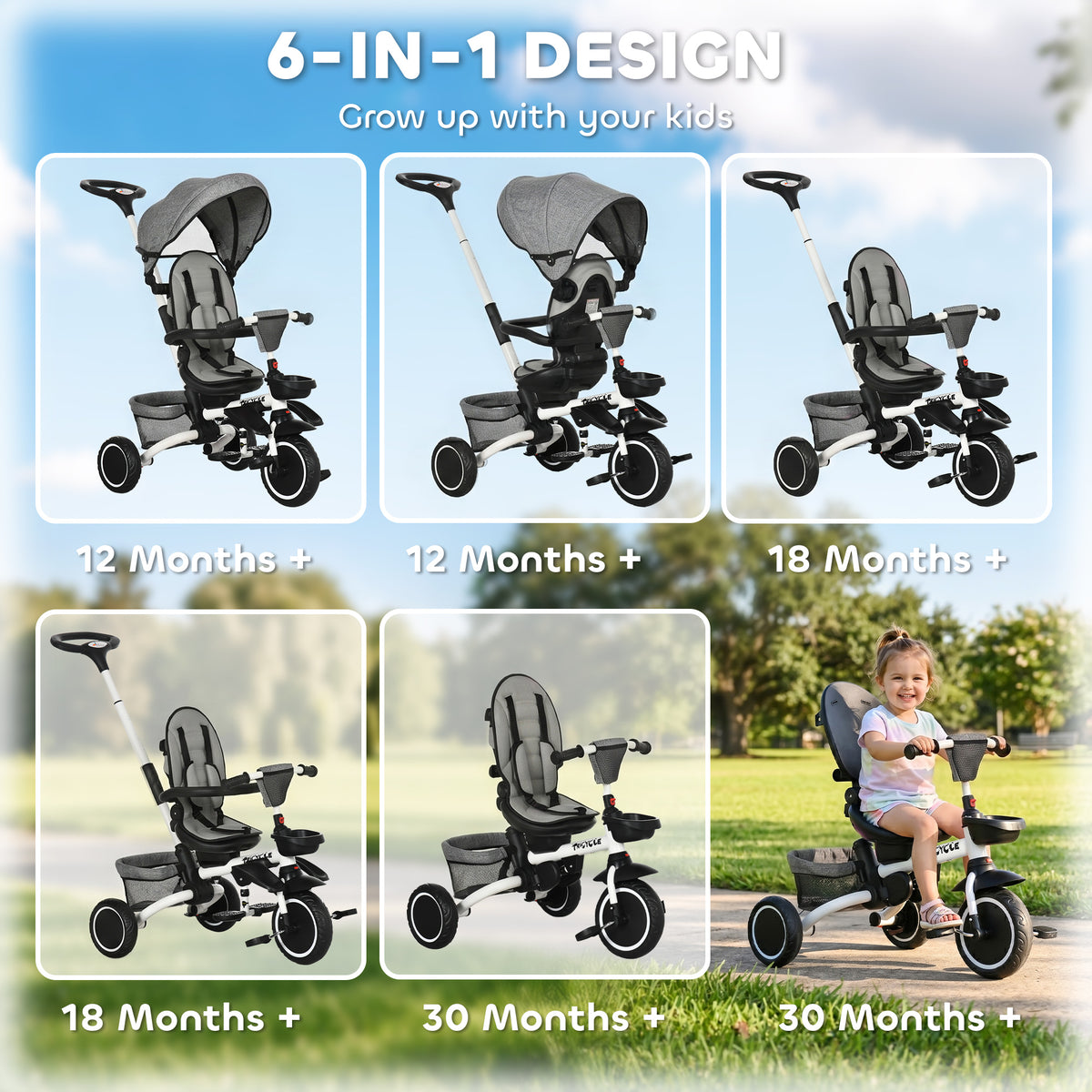 Tricycle for Toddler 6-in-1 Kids Trike, Foldable Converts Stroller to Baby Push Bike, Adjustable Backrest with Detachable Guardrail & Handle, Brake for 1-4 Years Old-Toys & Games > Baby & Toddler Toys > Riding & Rocking Toys > Tricycles for Kids-DECOROLALA