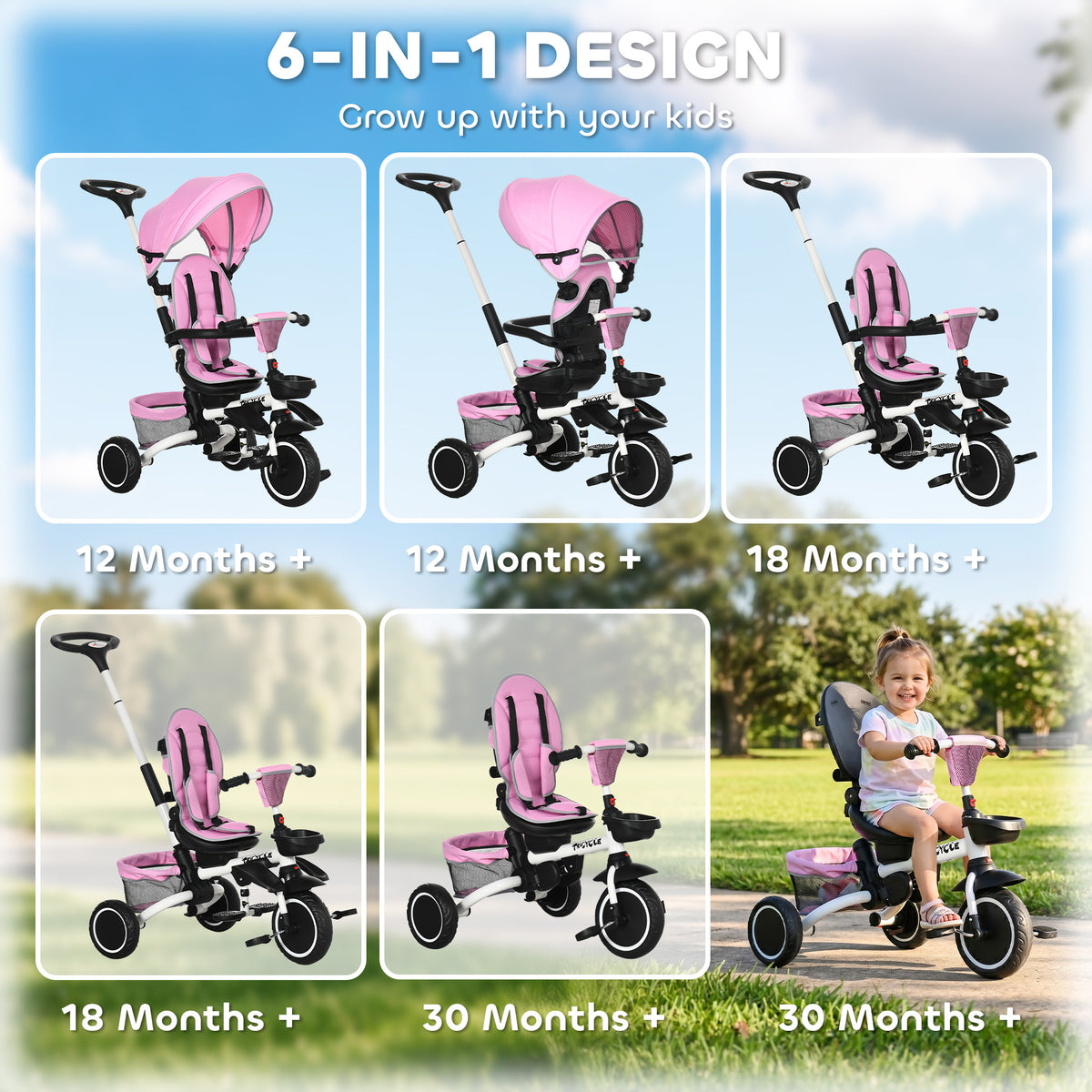 Tricycle for Toddler 6-in-1 Kids Trike, Foldable Converts Stroller to Baby Push Bike, Adjustable Backrest with Detachable Guardrail & Handle, Brake for 1-4 Years Old-Toys & Games > Baby & Toddler Toys > Riding & Rocking Toys > Tricycles for Kids-DECOROLALA