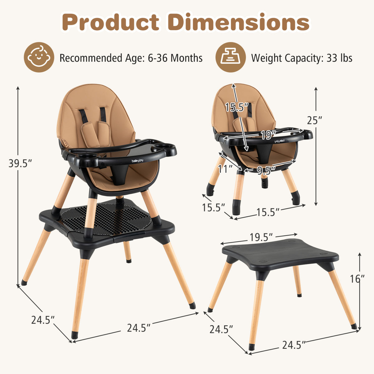 6 in 1 High Chair for Babies and Toddlers Ages 6-36 Months-Coffee-High Chairs-DECOROLALA
