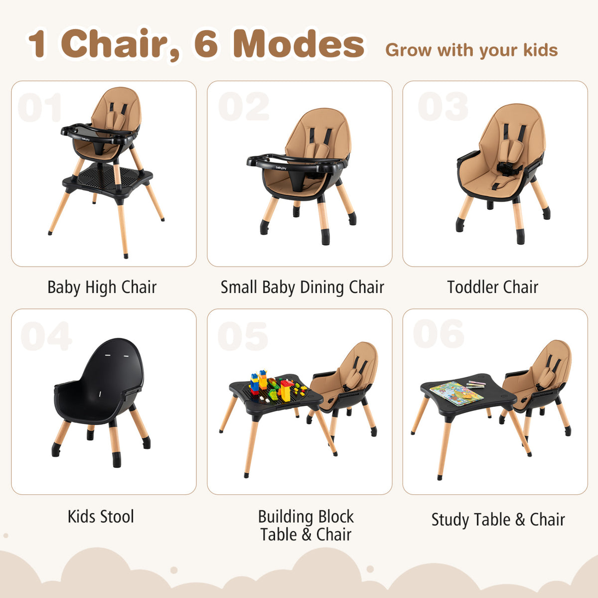 6 in 1 High Chair for Babies and Toddlers Ages 6-36 Months-Coffee-High Chairs-DECOROLALA