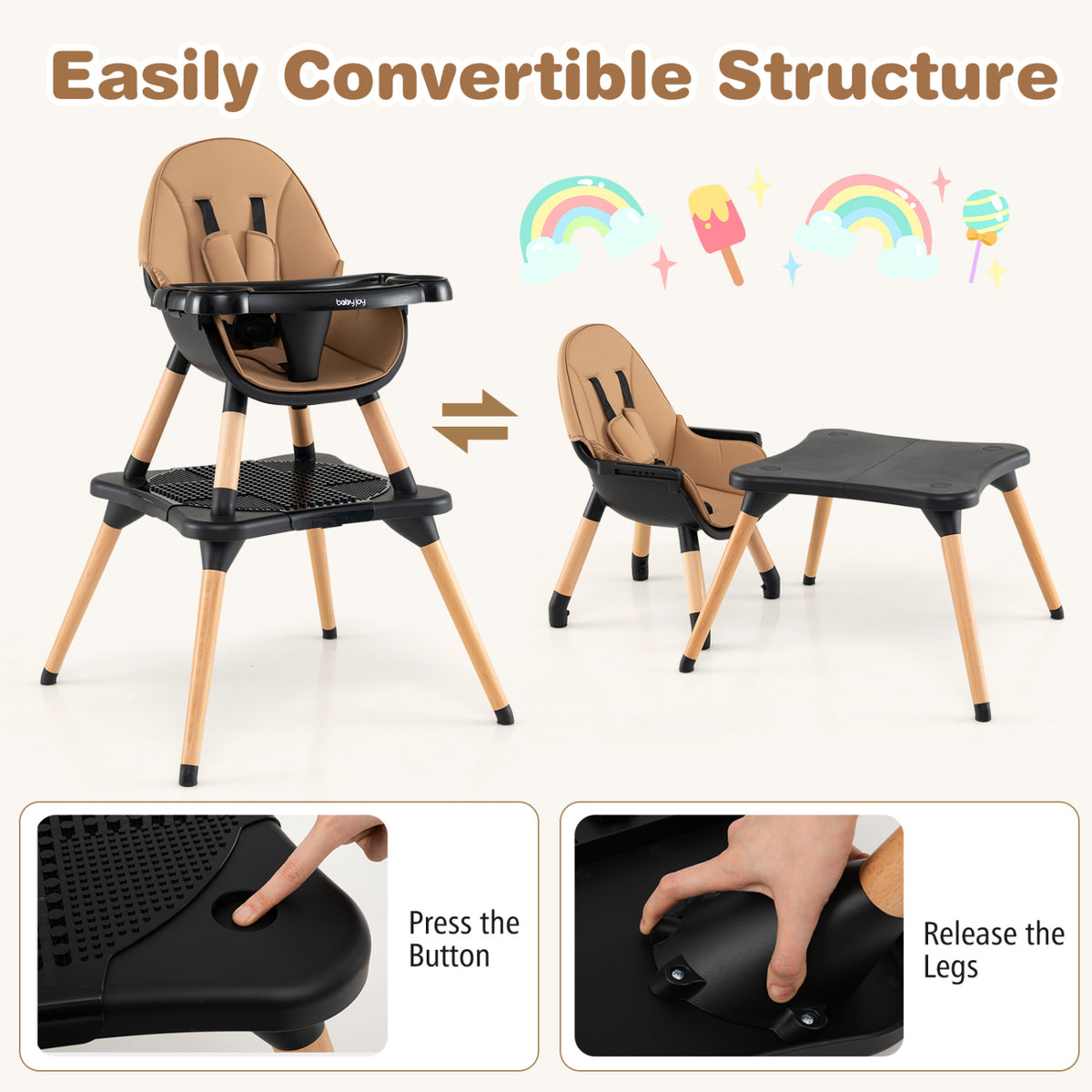 6 in 1 High Chair for Babies and Toddlers Ages 6-36 Months-Coffee-High Chairs-DECOROLALA