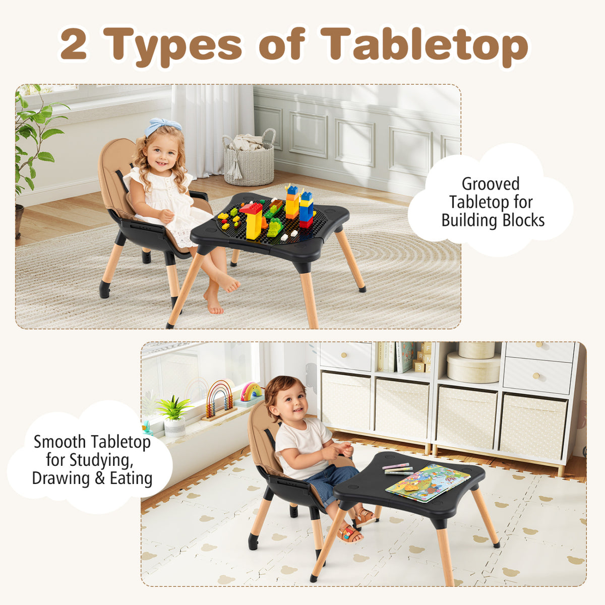 6 in 1 High Chair for Babies and Toddlers Ages 6-36 Months-Coffee-High Chairs-DECOROLALA