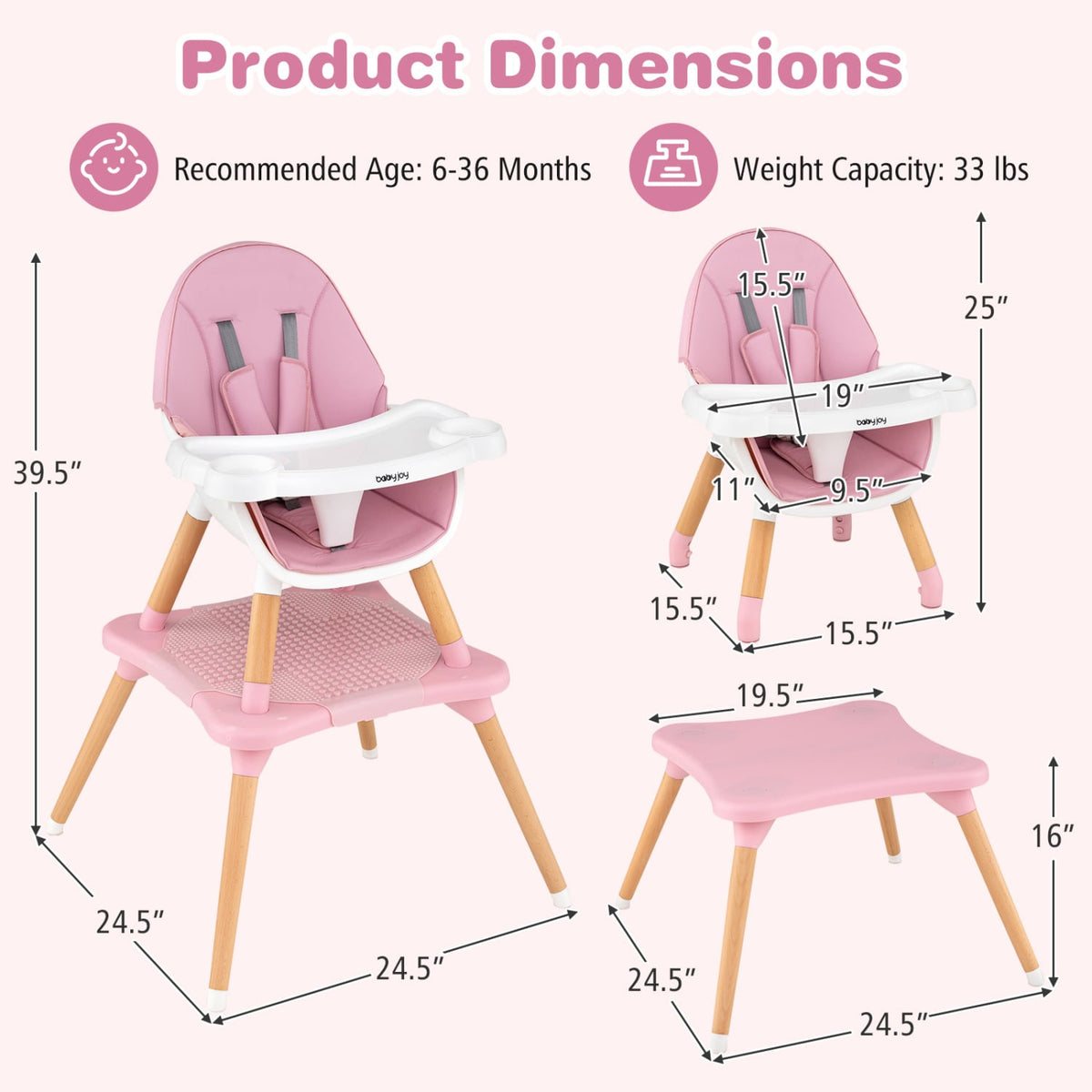 6 in 1 High Chair for Babies and Toddlers Ages 6-36 Months-Pink-High Chairs-DECOROLALA