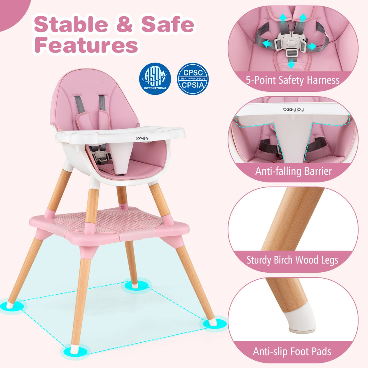 6 in 1 High Chair for Babies and Toddlers Ages 6-36 Months-Pink-High Chairs-DECOROLALA
