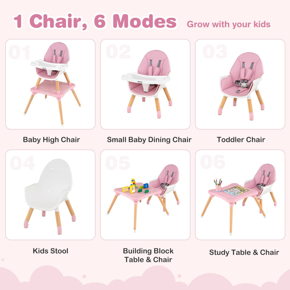 6 in 1 High Chair for Babies and Toddlers Ages 6-36 Months-Pink-High Chairs-DECOROLALA