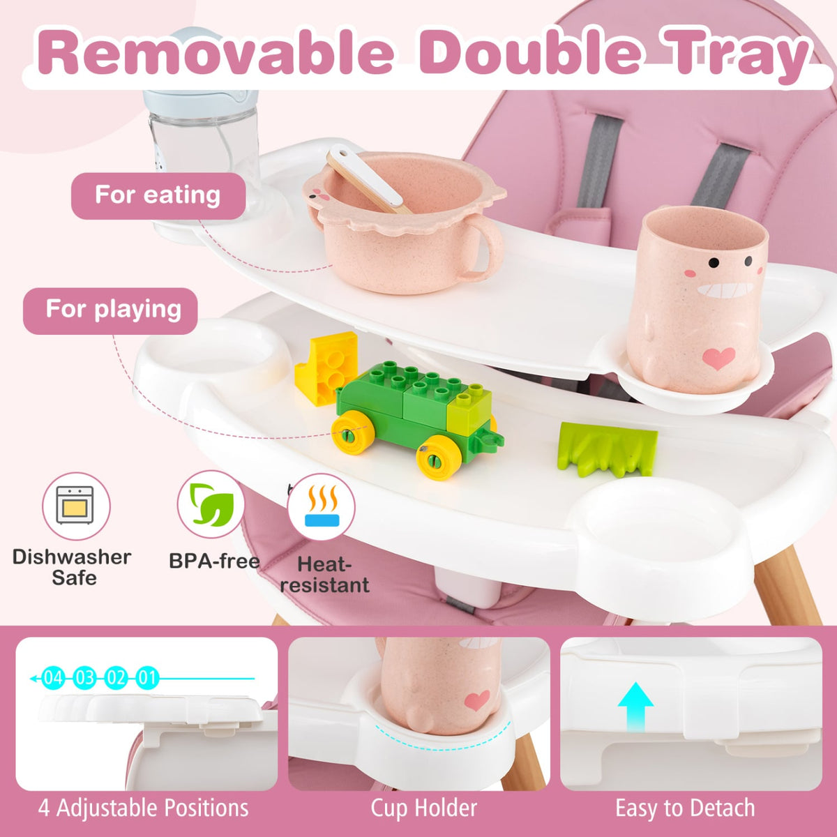 6 in 1 High Chair for Babies and Toddlers Ages 6-36 Months-Pink-High Chairs-DECOROLALA