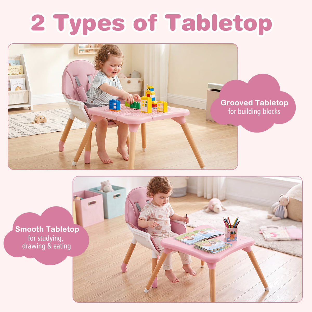 6 in 1 High Chair for Babies and Toddlers Ages 6-36 Months-Pink-High Chairs-DECOROLALA