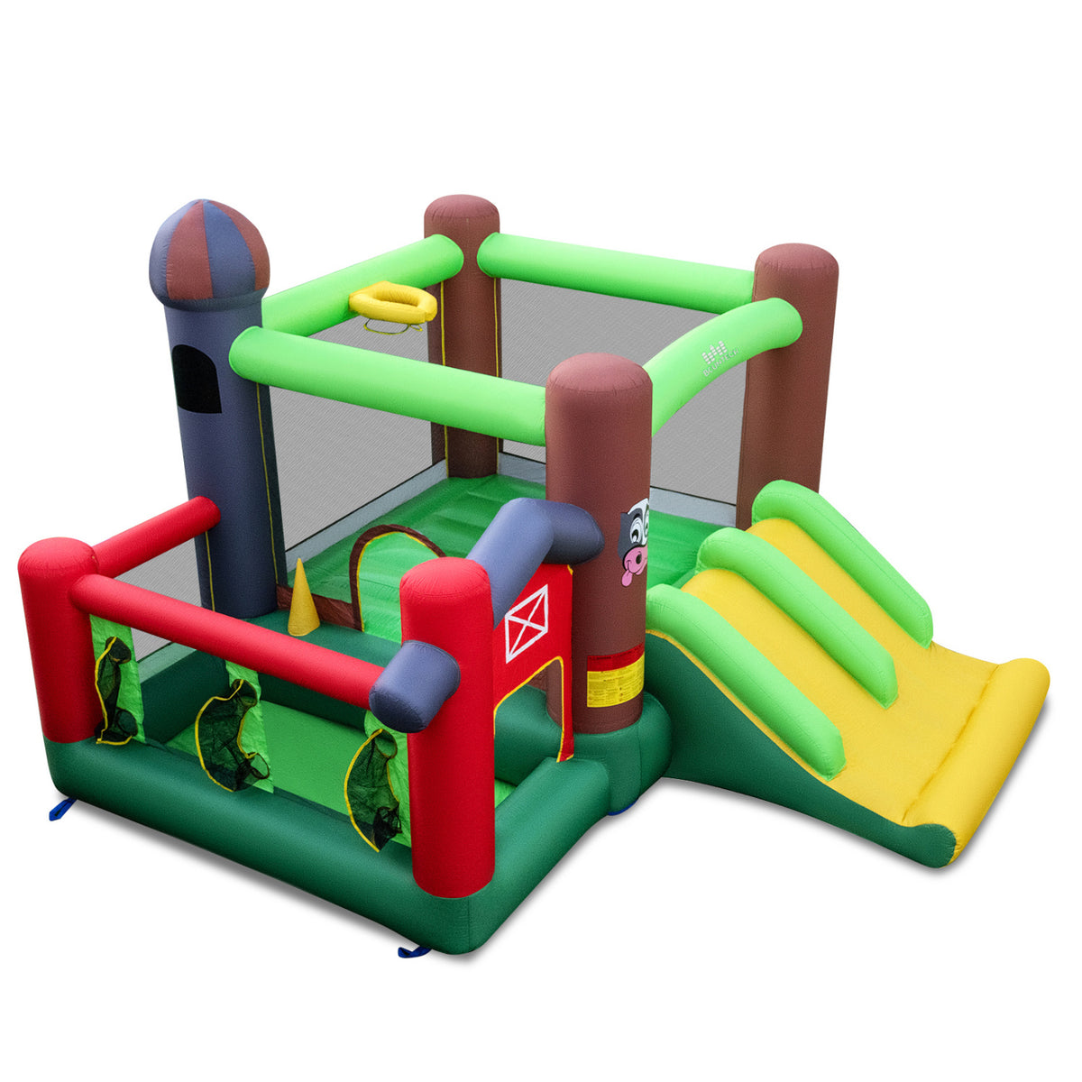 6-in-1 Inflatable Bounce House with Double Slides - Green/Yellow-Inflatable Bounce Houses-DECOROLALA