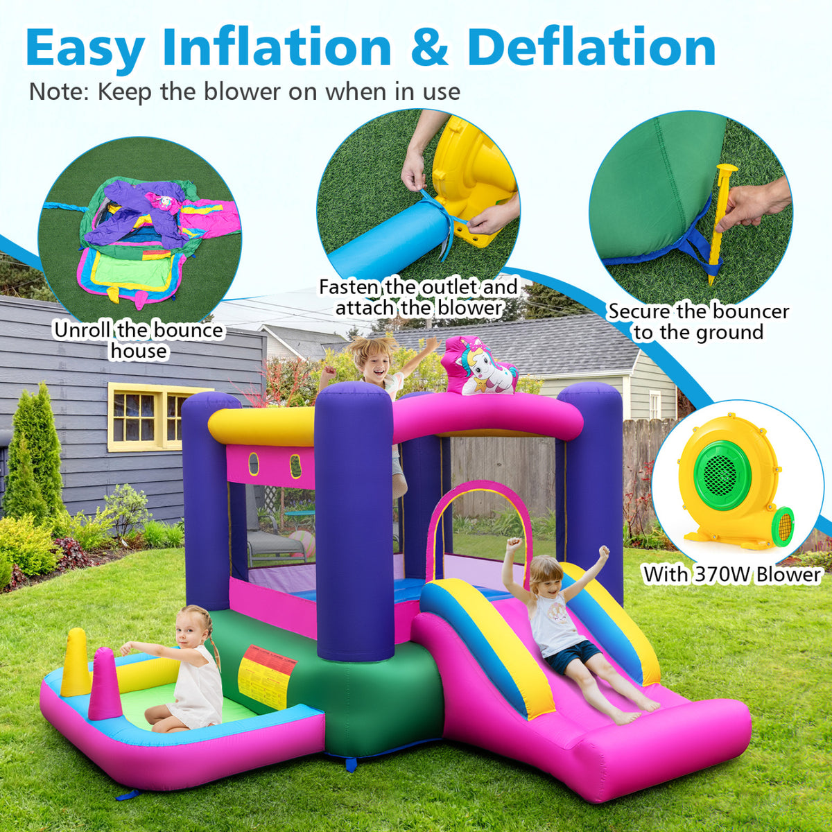 6-in-1 Inflatable Bounce House with Slide, Ball Pit, and 370W Blower-Inflatable Bounce Houses-DECOROLALA