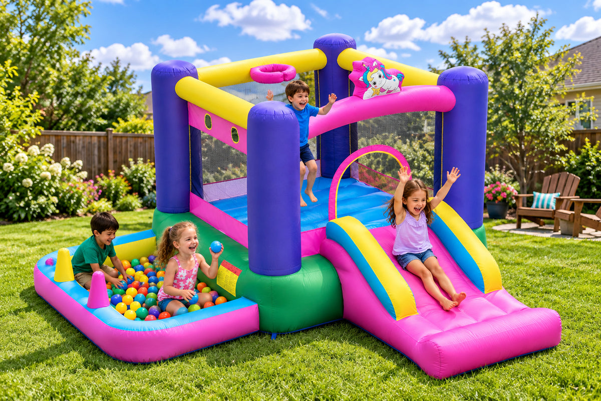 6-in-1 Inflatable Bounce House with Slide, Ball Pit, and 370W Blower-Inflatable Bounce Houses-DECOROLALA