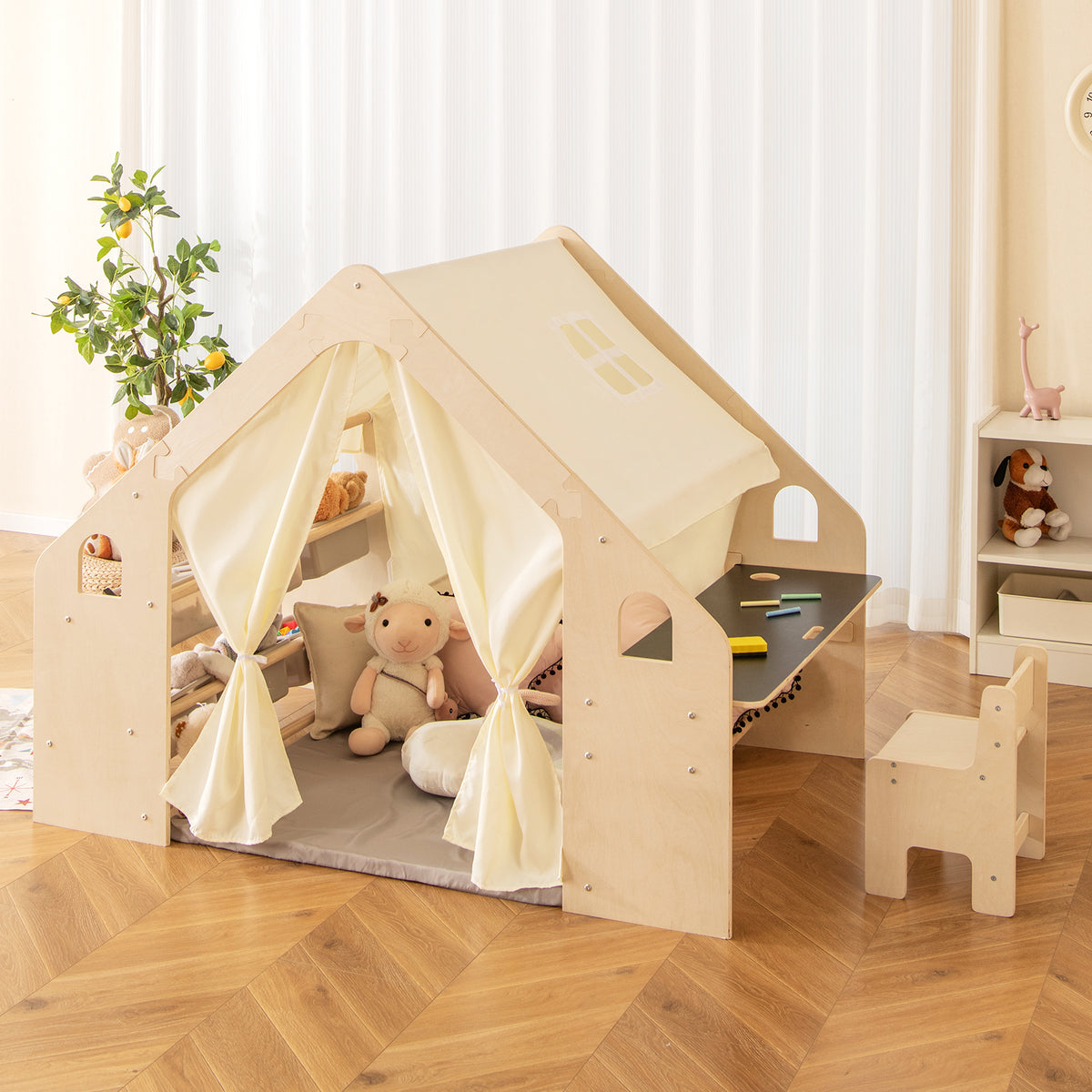 6-in-1 Kids Play Tent Playhouse with Blackboard, Storage & Cushion