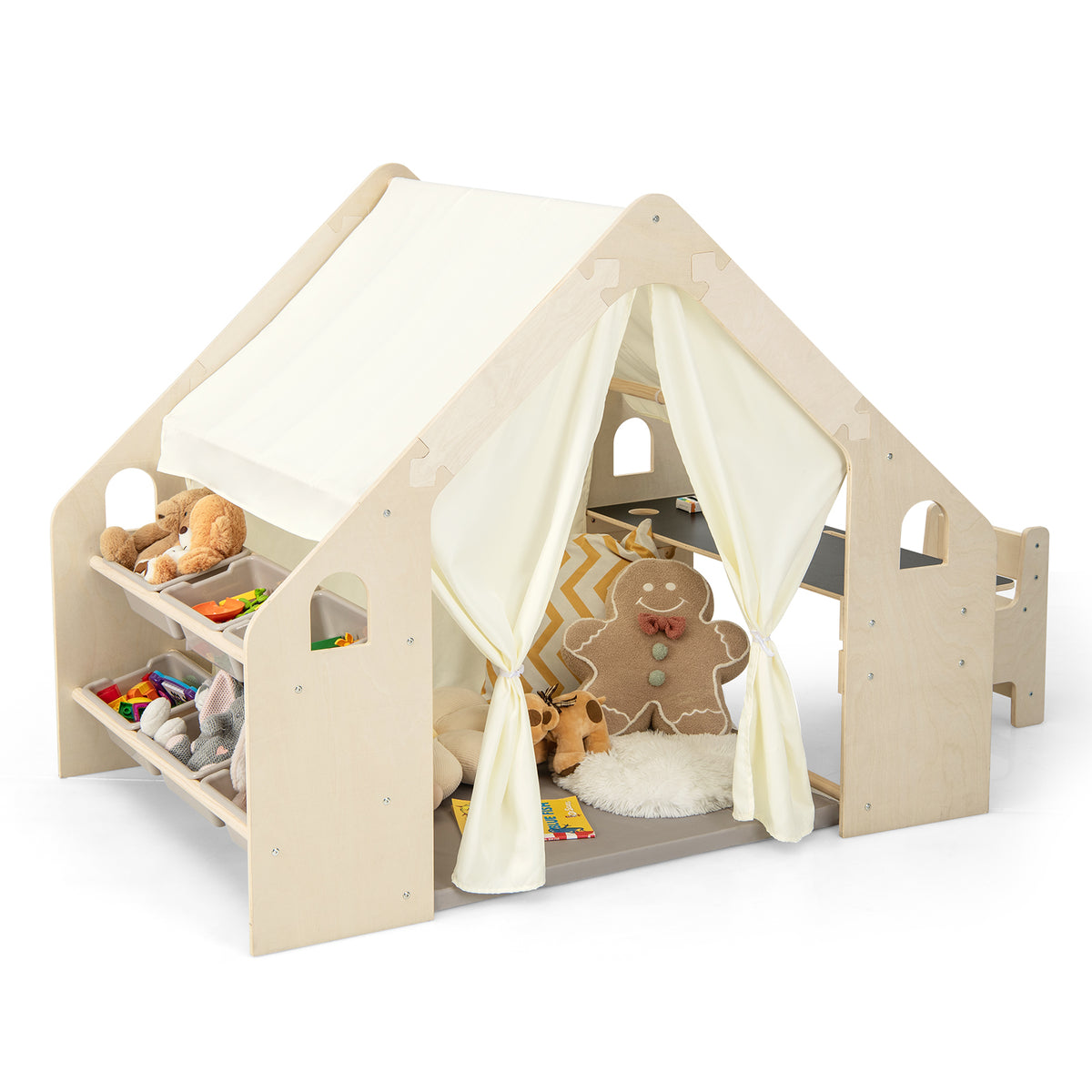 6-in-1 Kids Play Tent Playhouse with Blackboard, Storage & Cushion