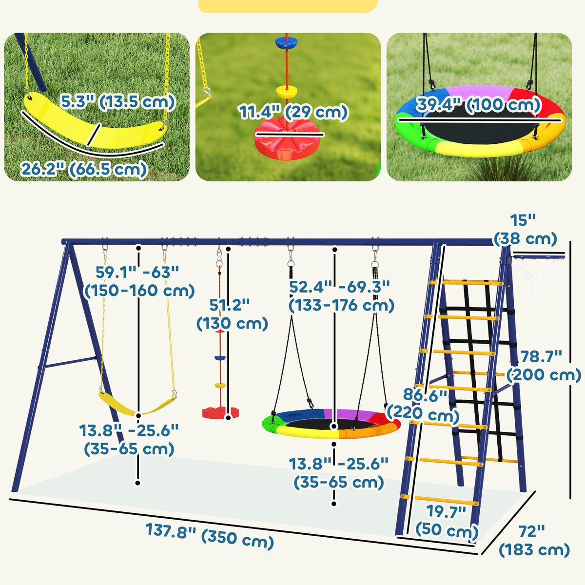 6 in 1 Kids Swing Set with 1 Saucer Swing, 1 Belt Swing, 1 Disc Rope Swing, Climbing Ladder and Net, Basketball Hoop-Toys & Games > Kids Outdoor Play > Gym Sets & Swings-DECOROLALA