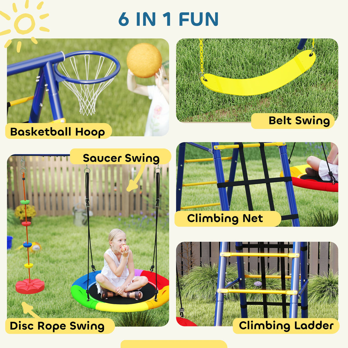 6 in 1 Kids Swing Set with 1 Saucer Swing, 1 Belt Swing, 1 Disc Rope Swing, Climbing Ladder and Net, Basketball Hoop-Toys & Games > Kids Outdoor Play > Gym Sets & Swings-DECOROLALA