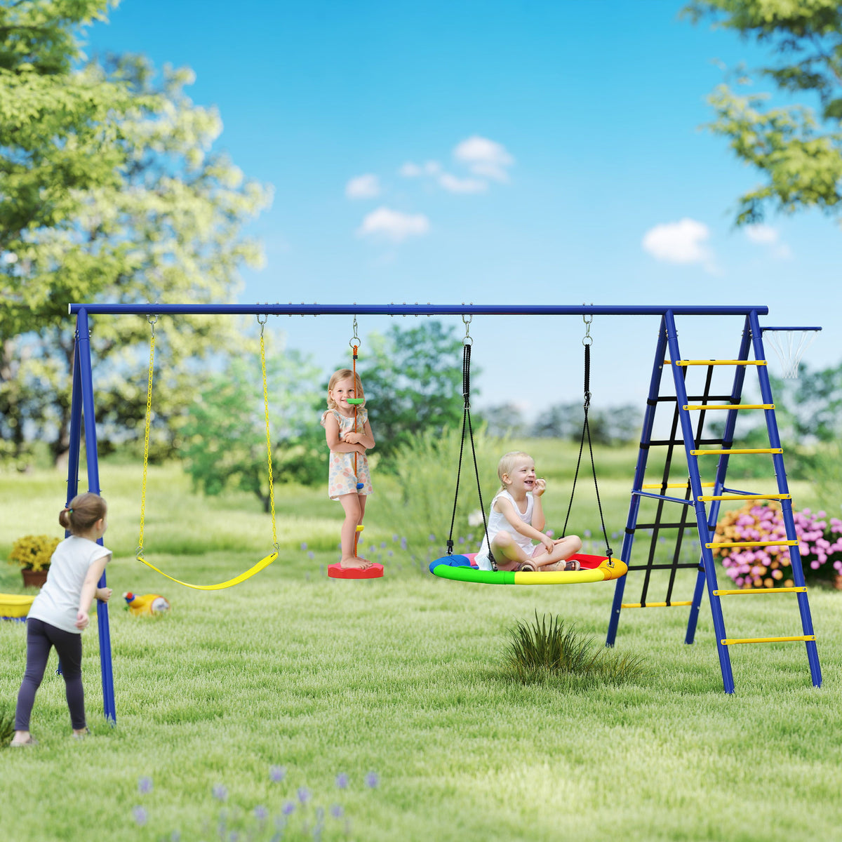 6 in 1 Kids Swing Set with 1 Saucer Swing, 1 Belt Swing, 1 Disc Rope Swing, Climbing Ladder and Net, Basketball Hoop-Toys & Games > Kids Outdoor Play > Gym Sets & Swings-DECOROLALA