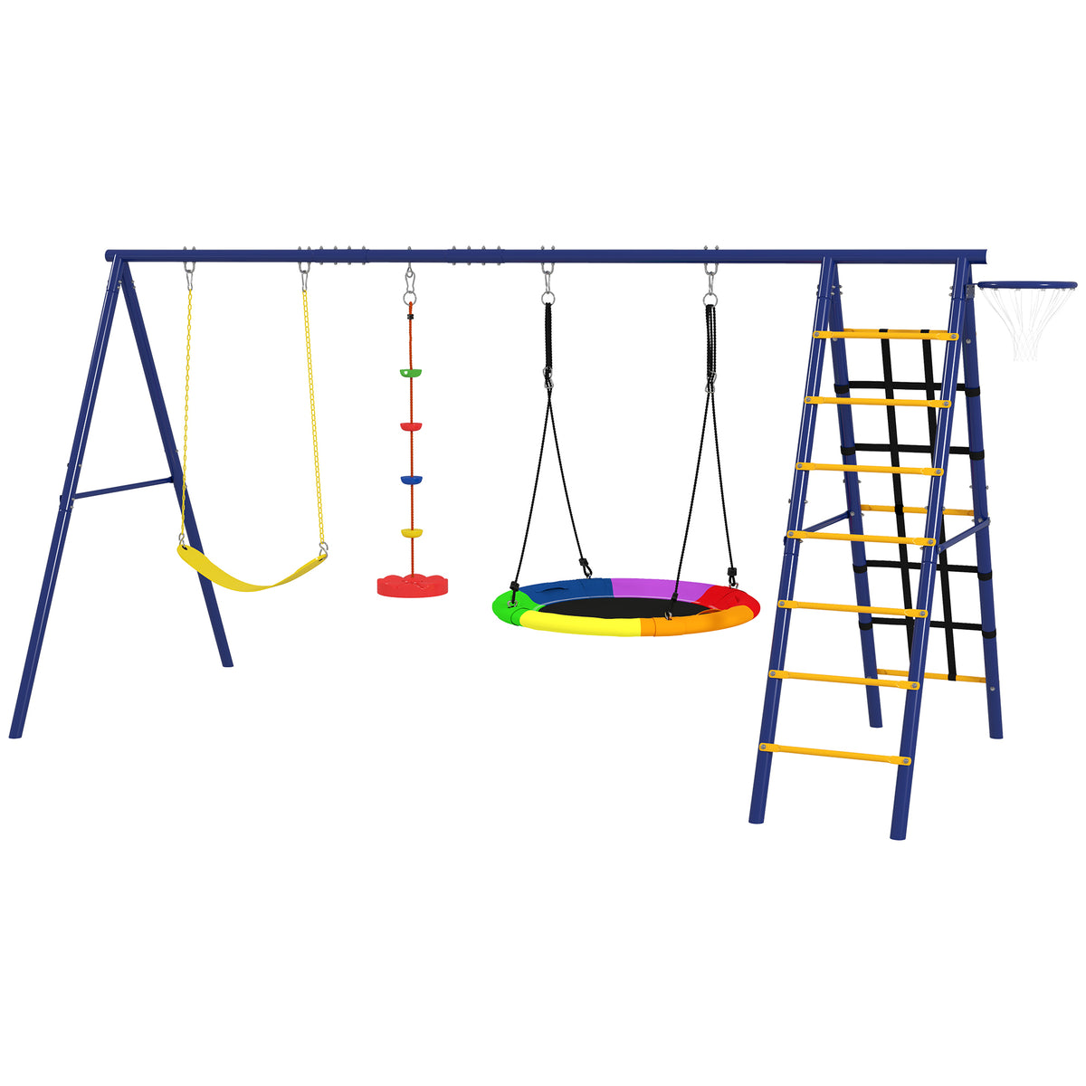 6 in 1 Kids Swing Set with 1 Saucer Swing, 1 Belt Swing, 1 Disc Rope Swing, Climbing Ladder and Net, Basketball Hoop-Toys & Games > Kids Outdoor Play > Gym Sets & Swings-DECOROLALA