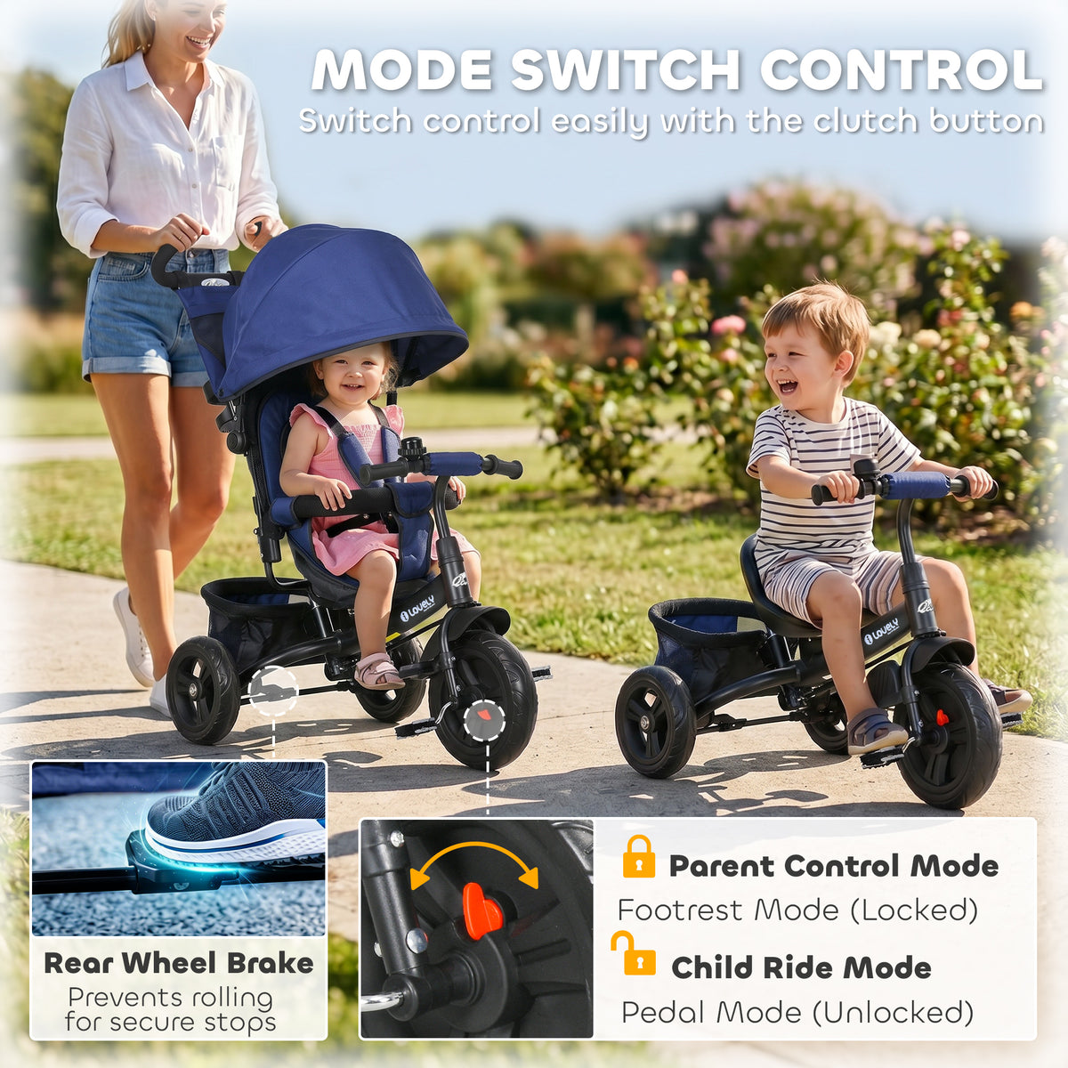 6 in 1 Tricycle for Toddler 1-5 Years with Parent-Push Handle, Dark-Toys & Games > Baby & Toddler Toys > Riding & Rocking Toys > Tricycles for Kids-DECOROLALA