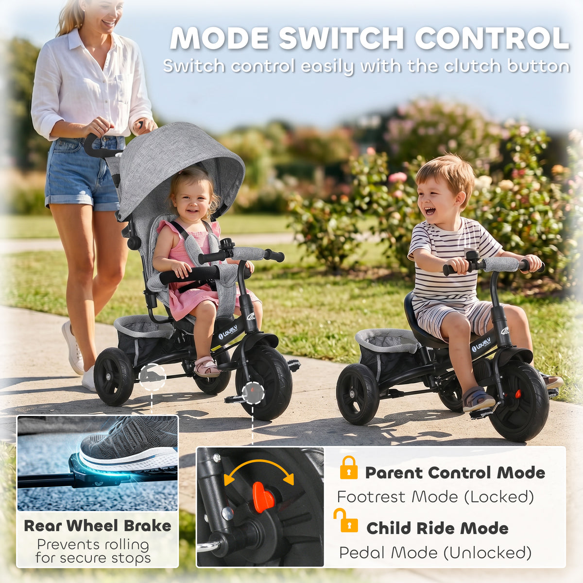 6 in 1 Tricycle for Toddler 1-5 Years with Parent-Push Handle, Dark-Toys & Games > Baby & Toddler Toys > Riding & Rocking Toys > Tricycles for Kids-DECOROLALA
