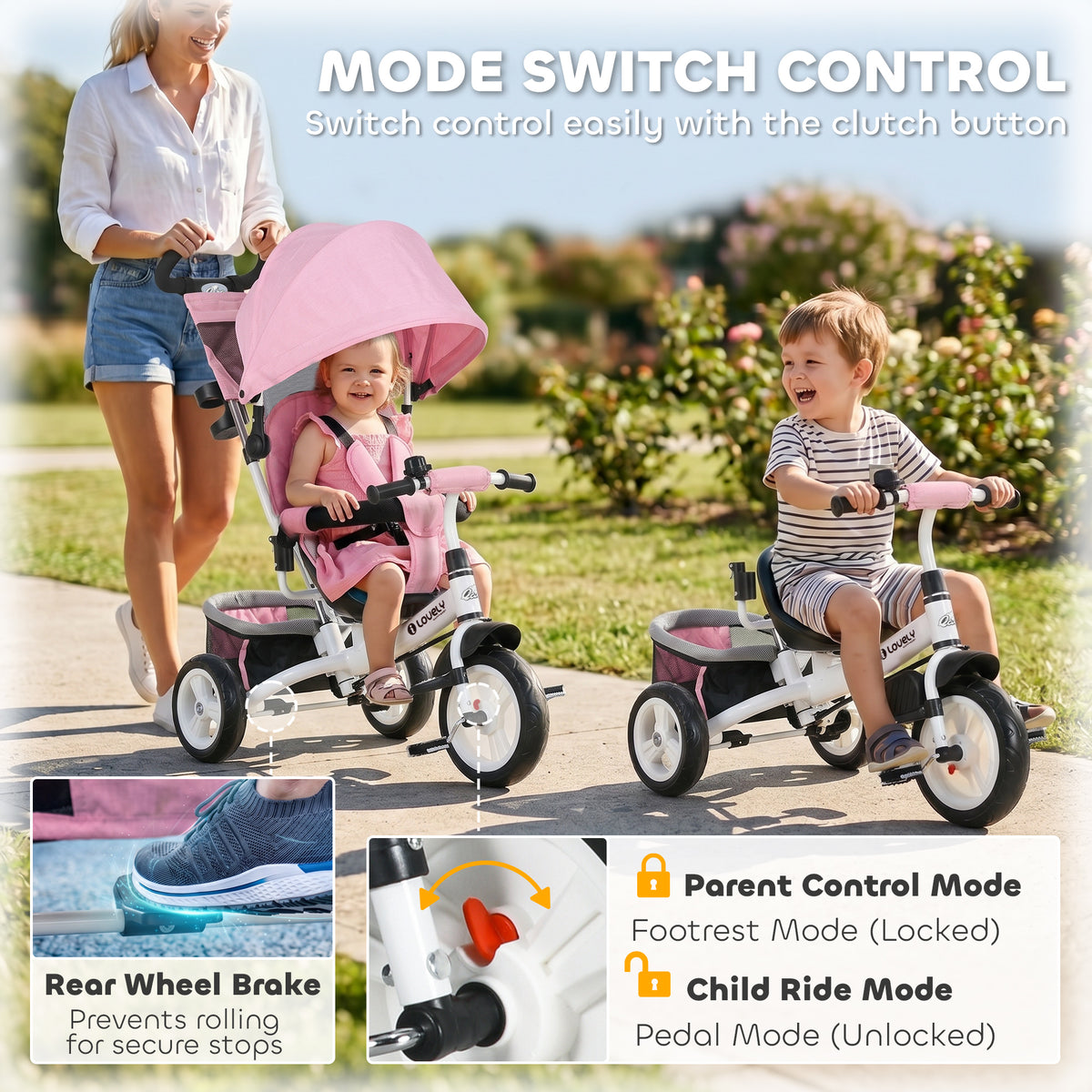 6 in 1 Tricycle for Toddler 1-5 Years with Parent-Push Handle, Dark-Toys & Games > Baby & Toddler Toys > Riding & Rocking Toys > Tricycles for Kids-DECOROLALA
