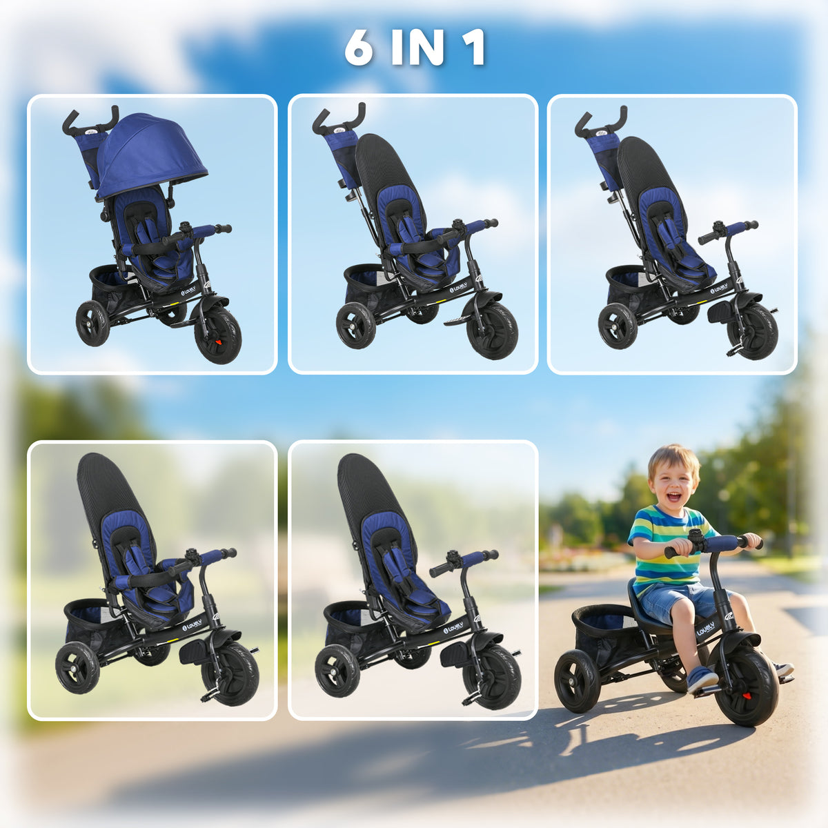 6 in 1 Tricycle for Toddler 1-5 Years with Parent-Push Handle, Dark-Toys & Games > Baby & Toddler Toys > Riding & Rocking Toys > Tricycles for Kids-DECOROLALA