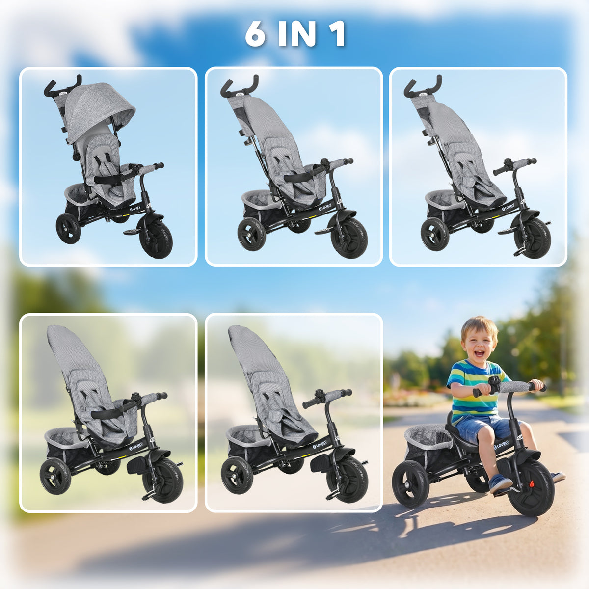 6 in 1 Tricycle for Toddler 1-5 Years with Parent-Push Handle, Dark-Toys & Games > Baby & Toddler Toys > Riding & Rocking Toys > Tricycles for Kids-DECOROLALA