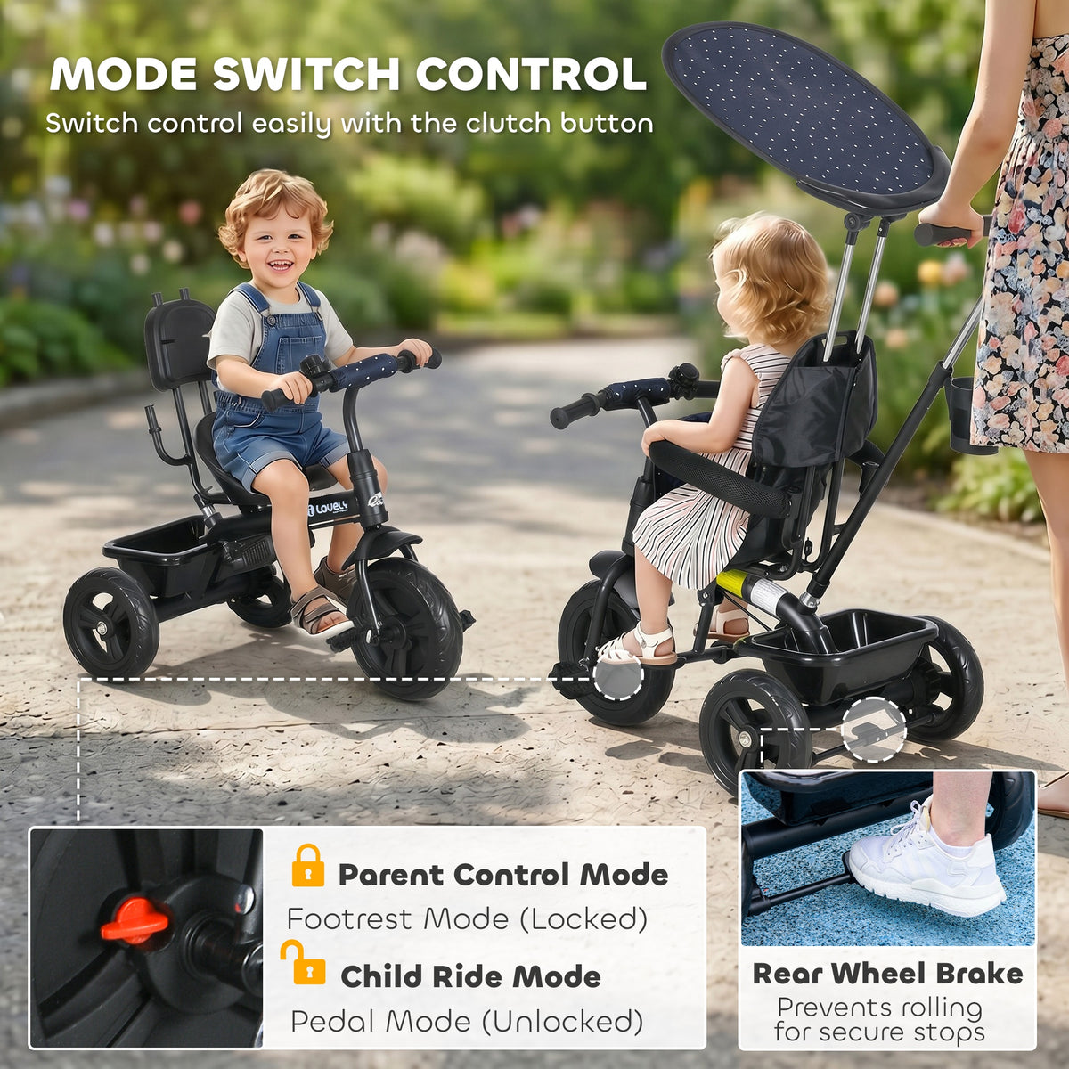 6 in 1 Kids Tricycle with Removable Handlebar and Canopy, Navy-Toys & Games > Baby & Toddler Toys > Riding & Rocking Toys > Tricycles for Kids-DECOROLALA