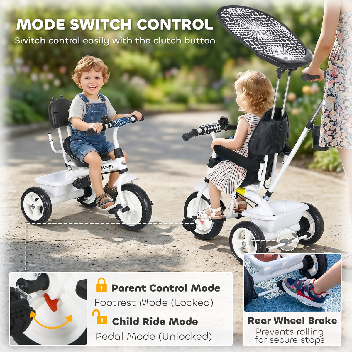 6 in 1 Kids Tricycle with Removable Handlebar and Canopy, Navy-Toys & Games > Baby & Toddler Toys > Riding & Rocking Toys > Tricycles for Kids-DECOROLALA