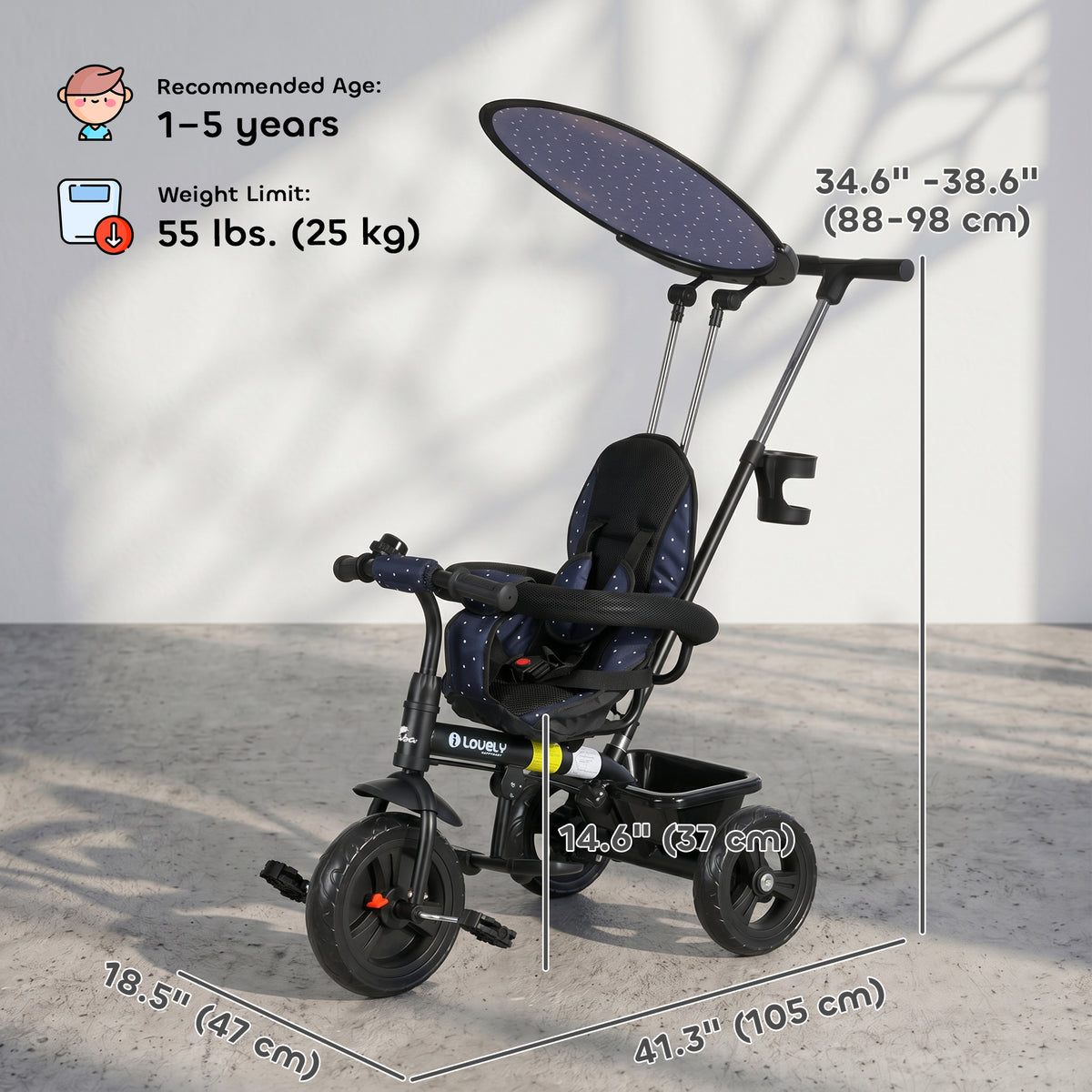 6 in 1 Kids Tricycle with Removable Handlebar and Canopy, Navy-Toys & Games > Baby & Toddler Toys > Riding & Rocking Toys > Tricycles for Kids-DECOROLALA
