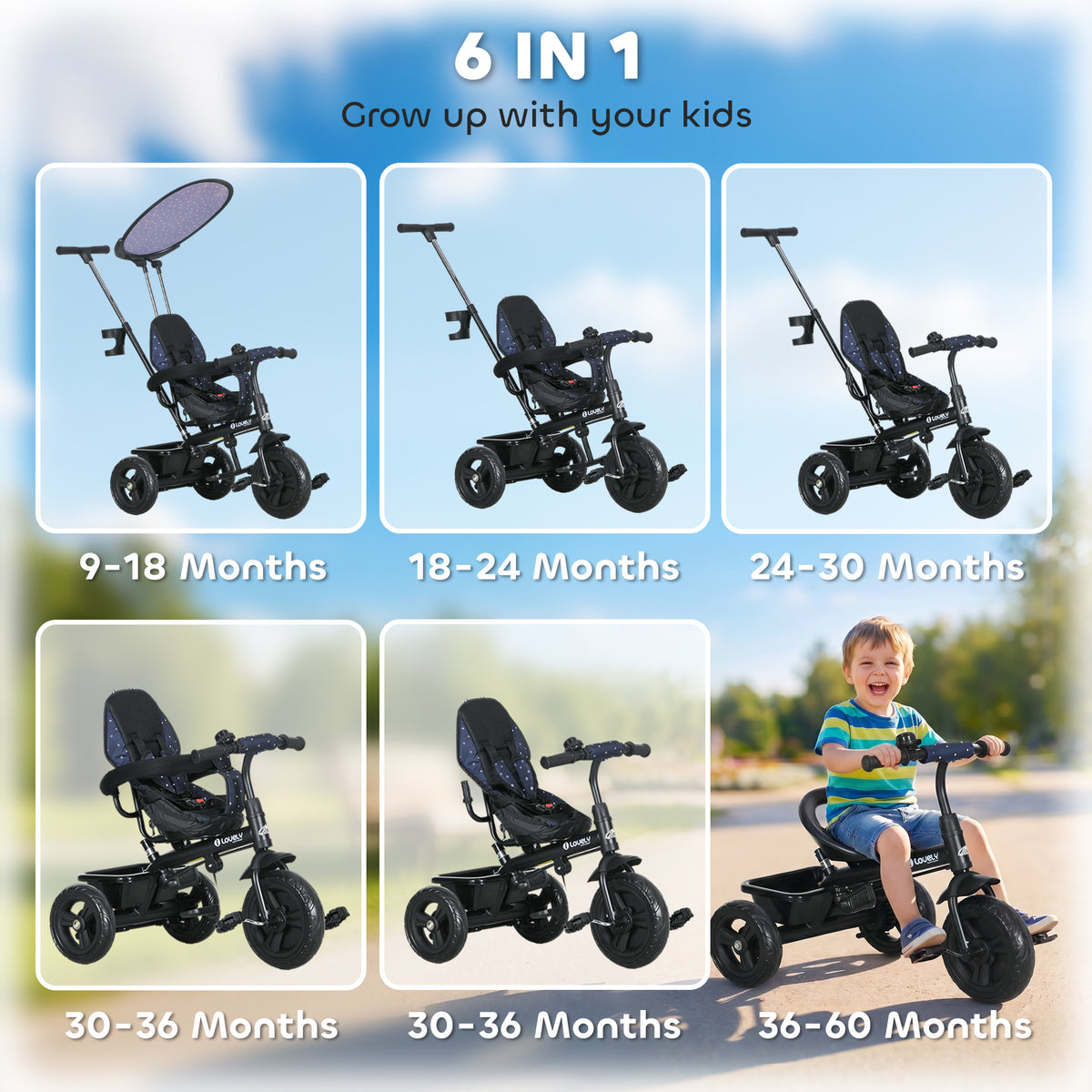 6 in 1 Kids Tricycle with Removable Handlebar and Canopy, Navy-Toys & Games > Baby & Toddler Toys > Riding & Rocking Toys > Tricycles for Kids-DECOROLALA